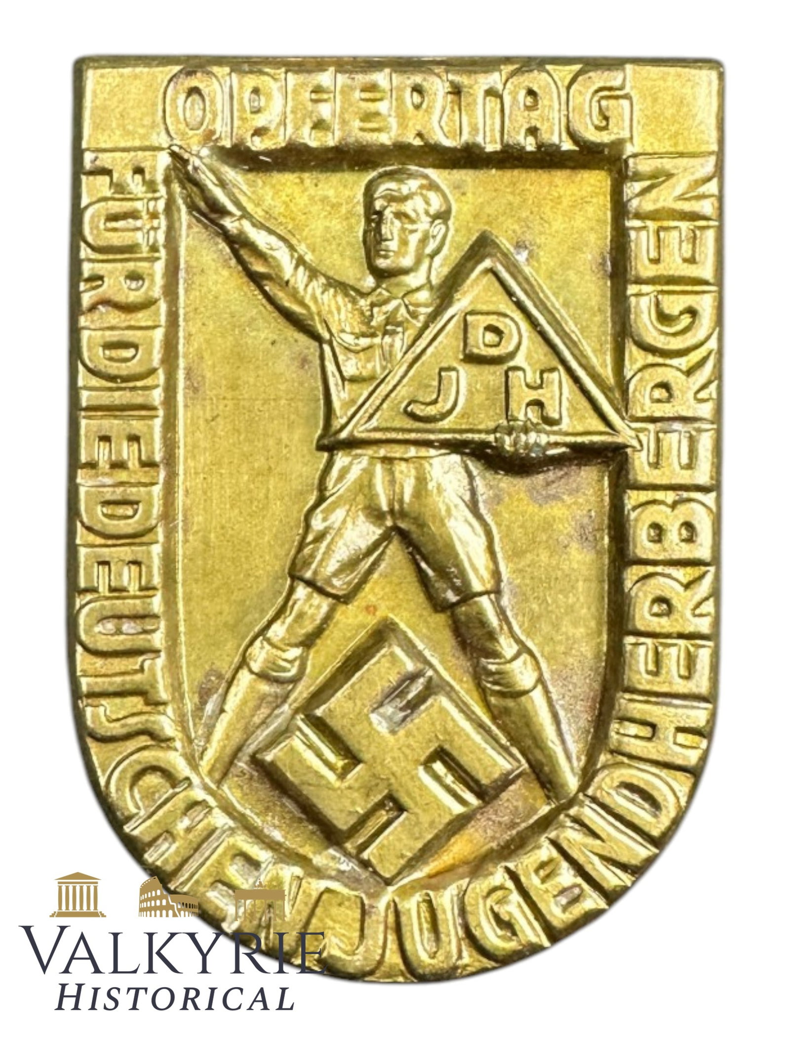 German Badge Commemorating the German Youth Hostel Association's Sacrifice Day: German Badge Commemorating the German Youth Hostel Association's Sacrifice Day. Association known as DJH. With maker's label on the reverse and needle system working. Shipping flat cost $25 it doesn't