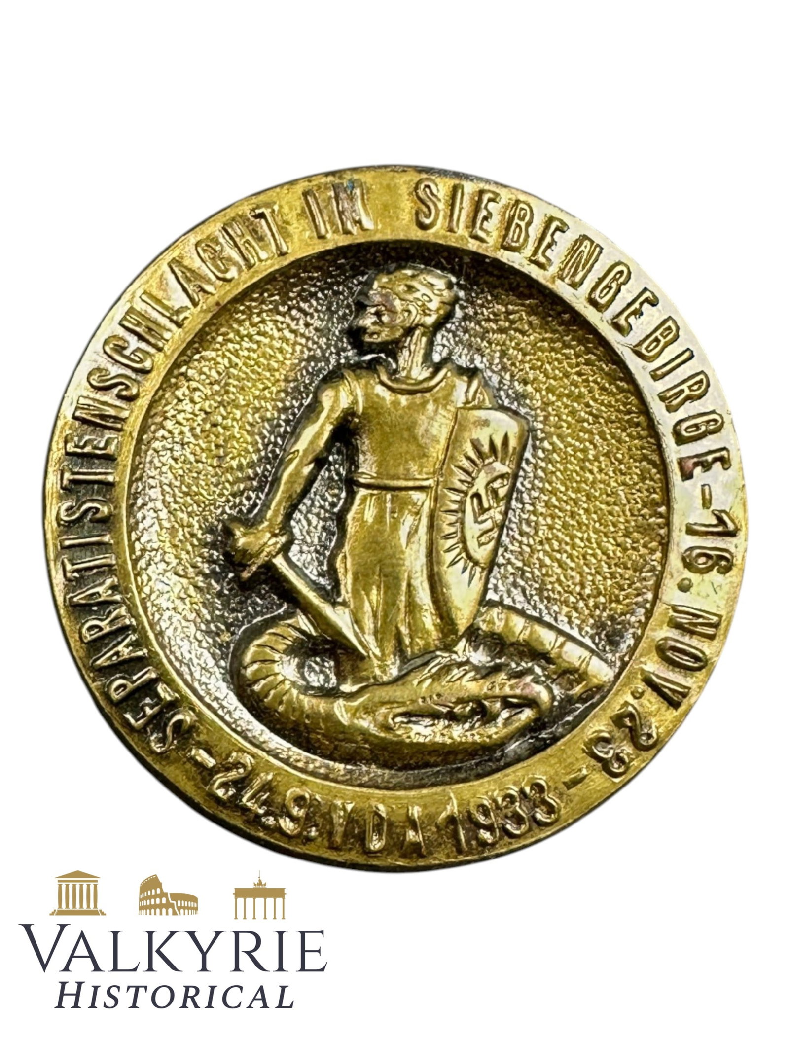 German Metal Badge Commemorating a Decade of the Siebengebirge Separatists Battle in 1923: German Metal Badge Commemorating a Decade of the Siebengebirge Separatists Battle in 1923. Needle system working. Shipping flat cost $25 it doesn't matter how many items you win. you pay just $25 for 
