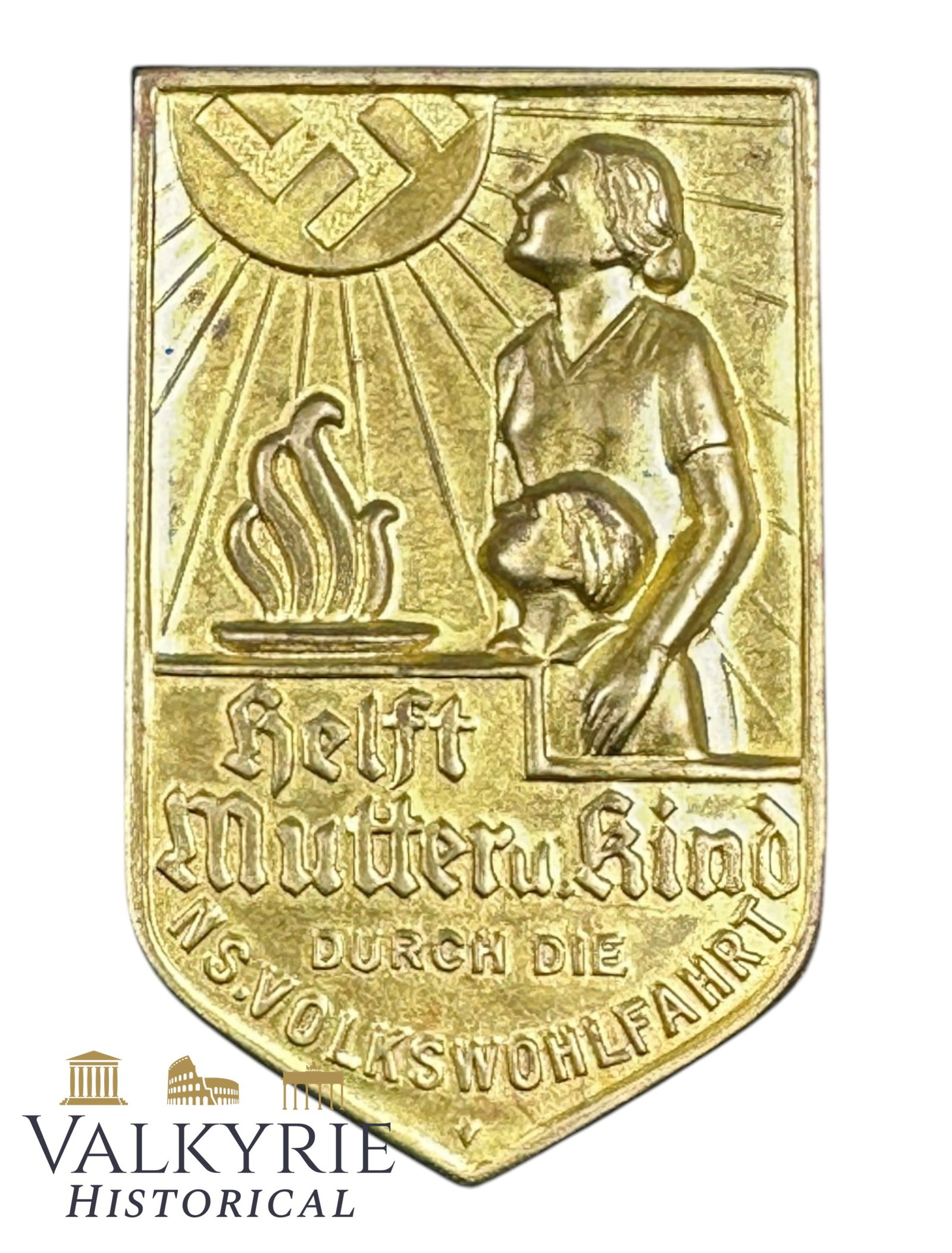 German Metal Badge "Help Mother and Son Through the NSV": German Metal Badge "Help Mother and Son Through the NSV". NSV was the NS People's Welfare. Needle system working. Shipping flat cost $25 it doesn't matter how many items you win. you pay just $25 for 
