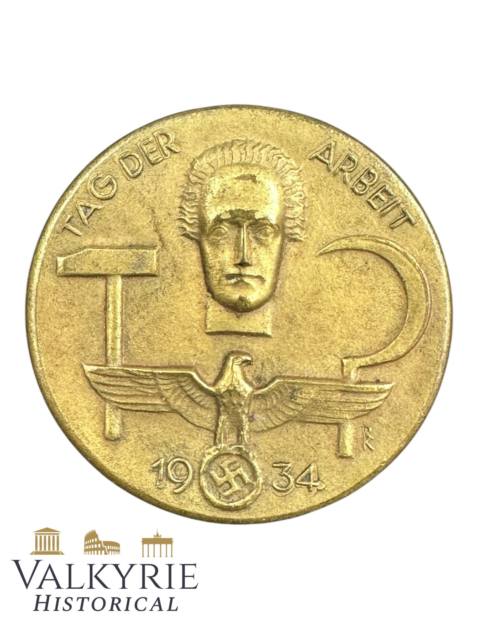 German Commemorative Metal Badge of the "Day of Work 1934": German Commemorative Metal Badge of the "Day of Work 1934". Needle system working. Shipping flat cost $25 it doesn't matter how many items you win. you pay just $25 for shipping.