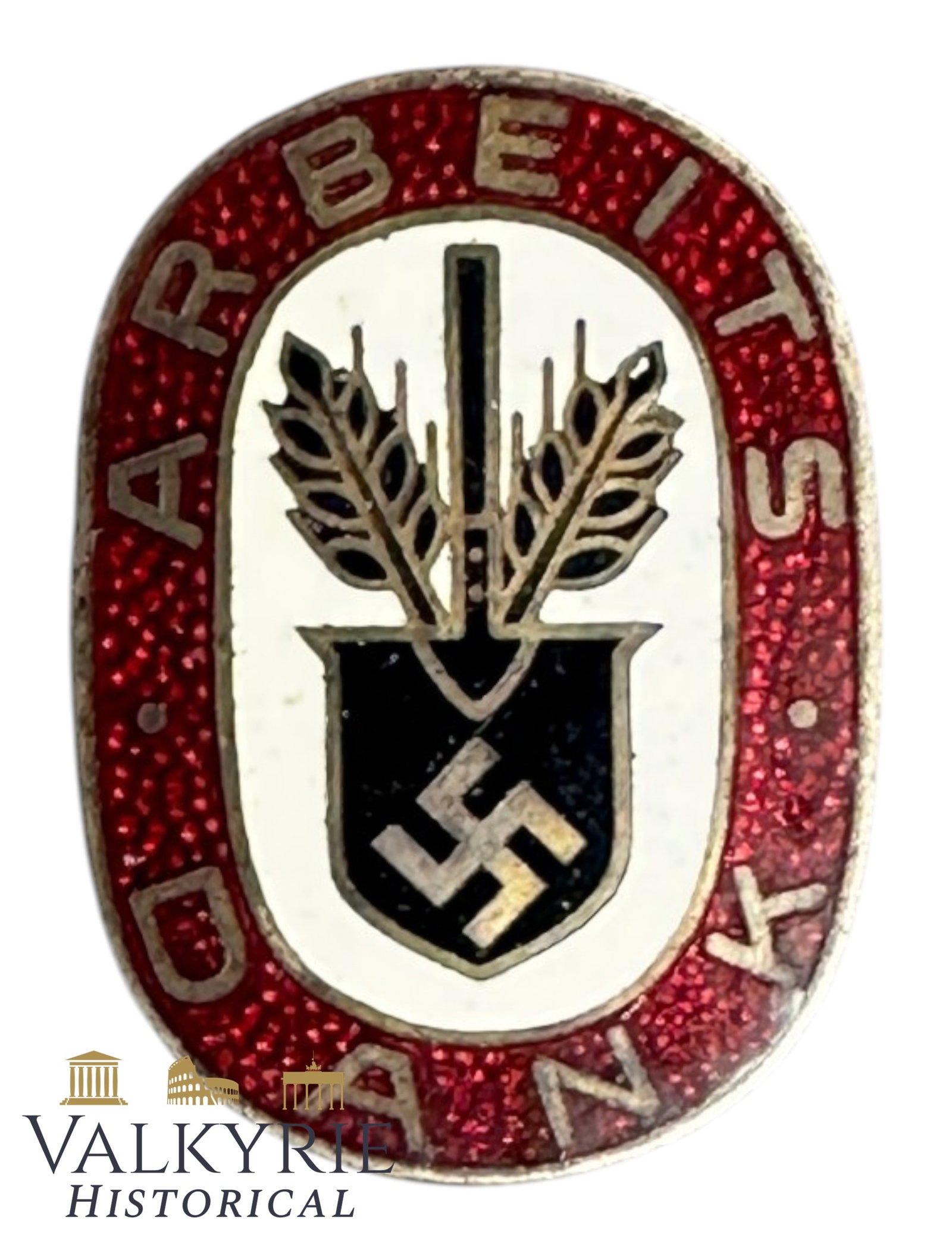 German Enamelled Metal Badge of the RAD Social Welfare Association "Thanks to Work": German Enamelled Metal Badge of the RAD Social Welfare Association "Thanks to Work". Needle system working. Shipping flat cost $25 it doesn't matter how many items you win. you pay just $25 for shippi