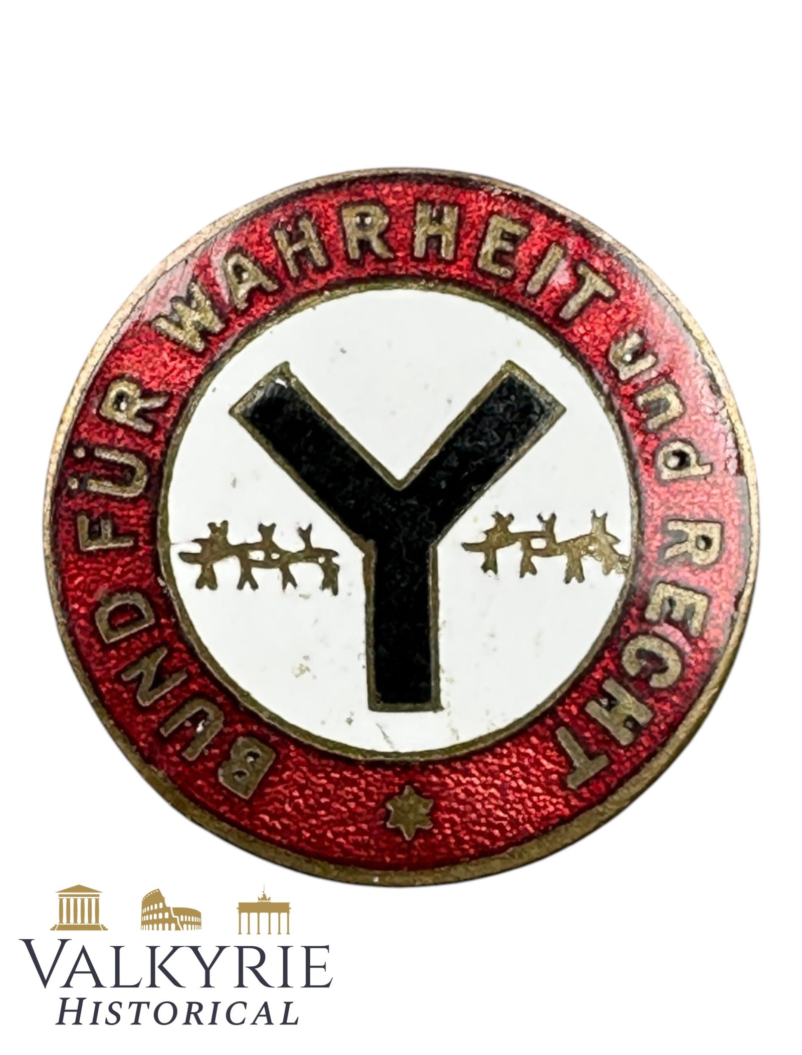 German Membership Pin of the NS "Federation For Truth and Law": German Membership Pin of the NS "Federation For Truth and Law". Made from metal and enamel. Needle system working. Shipping flat cost $25 it doesn't matter how many items you win. you pay just $25 for