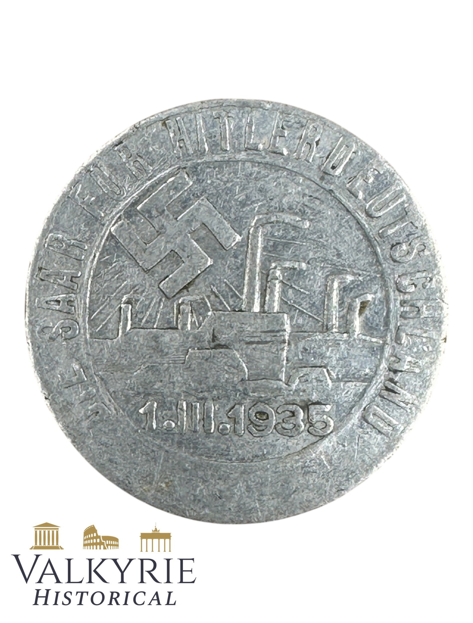 German Commemorative Metal Badge "Saarland For Hitler - Germany 1. March 1933": German Commemorative Metal Badge "Saarland For Hitler - Germany 1. March 1933". Needle system working. Shipping flat cost $25 it doesn't matter how many items you win. you pay just $25 for shipping.