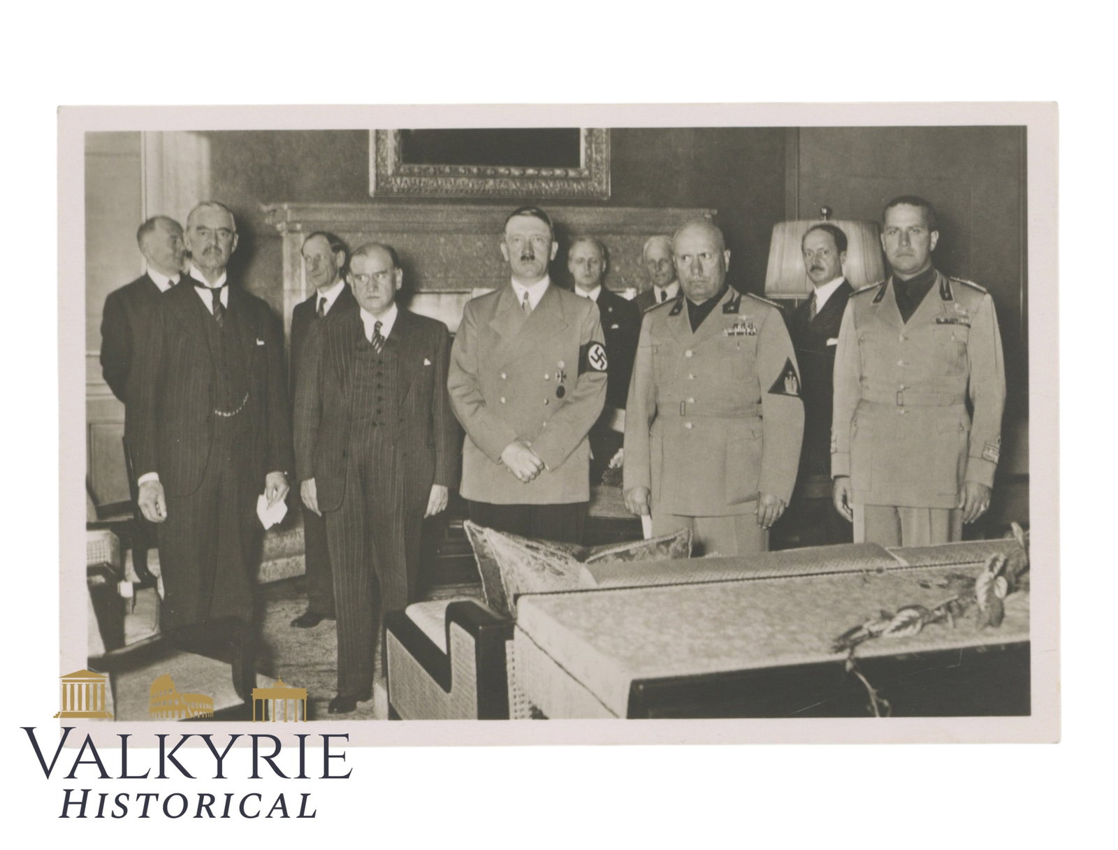 German Postcard With All the Members That Took Part in the Munich Conference in 1938: German Postcard With All the Members That Took Part in the Munich Conference in 1938. With Hitler, Ciano, Mussolini, Chamberlain, etc. Non-circulated. Shipping flat cost $25 it doesn't matter how many