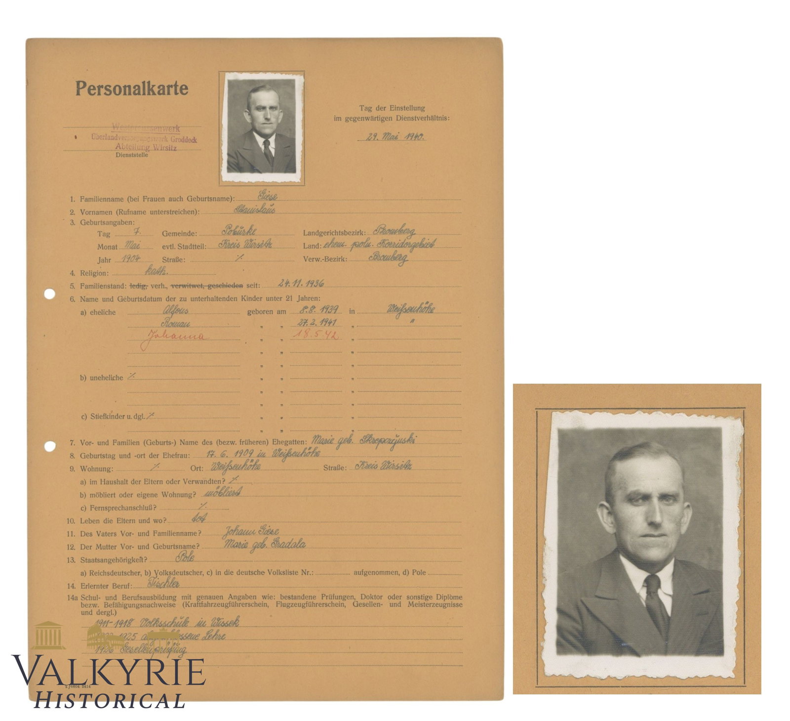 German Form For Application For Identification Card For a Man - Year 1940 (1 of 7)