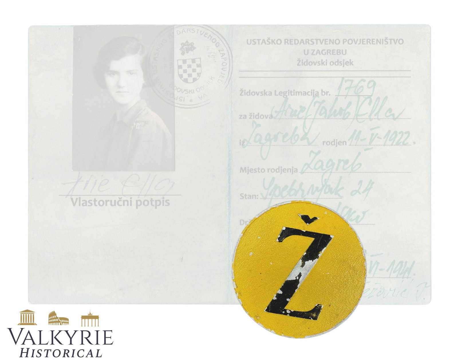 Very Rare Identification Badge For Croatian Jews With a "Z" For Zidov Holocaust: WWII Croatian NDH Jewish Identification Badge – Yellow Metal Pin with Letter "Ž" (Židov) – 48 mm1. Object Description & Specifications Up for auction is a exceptionally rare historical