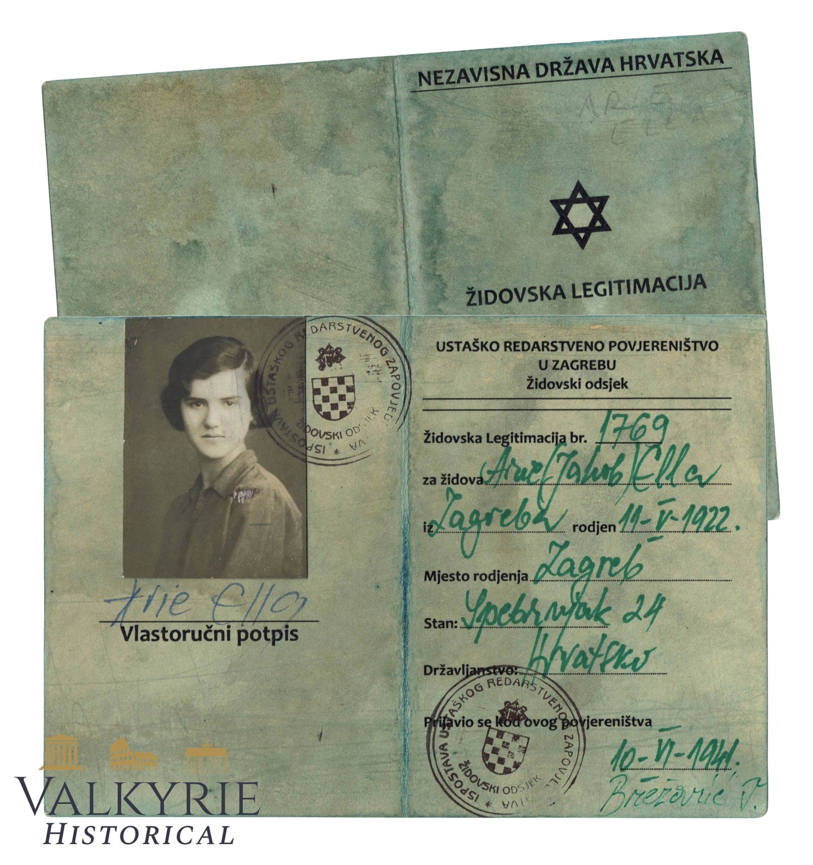 Extremely Rare WWII Croatian NDH Jewish ID Card (Židovska Legitimacija) Zagreb, 1941 Arie Ella (1 of 4)
