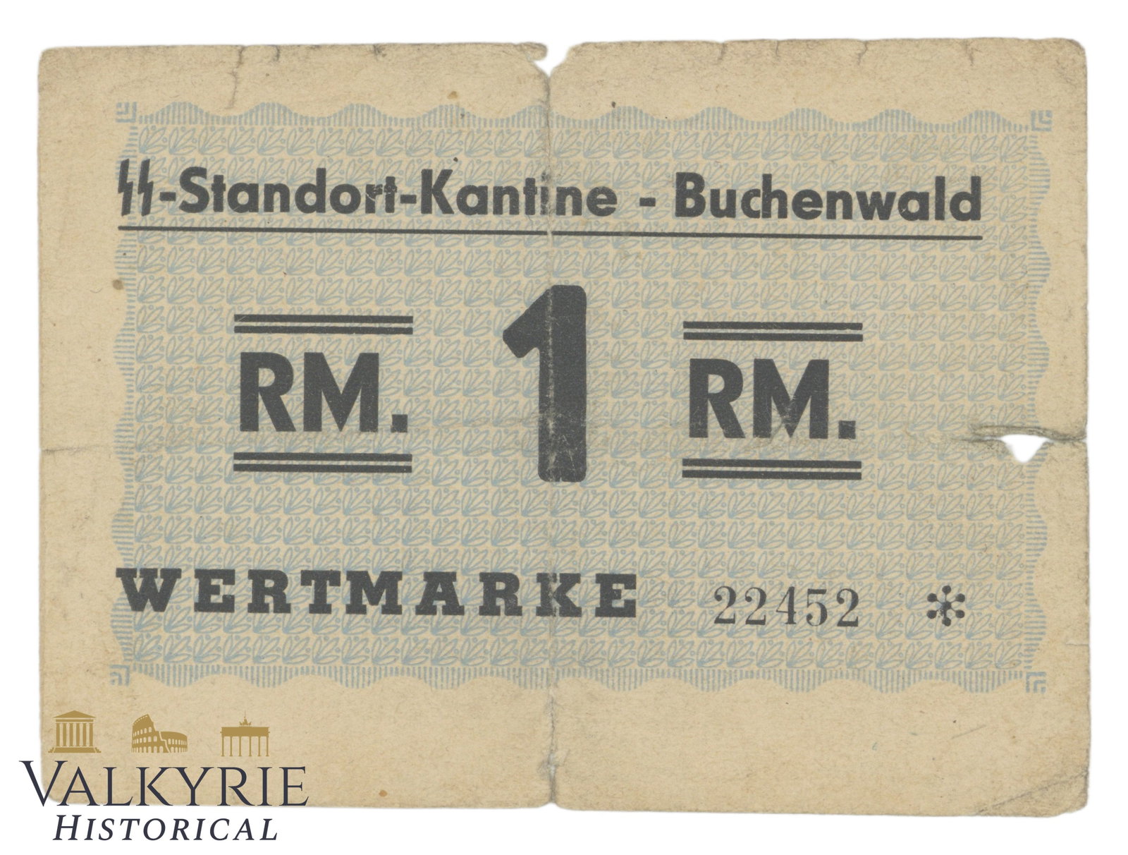 Buchenwald Concentration Camp SS Canteen Scrip – 1 RM (SS-Standort-Kantine Buchenwald Wertmarke): WWII German Buchenwald Concentration Camp SS Canteen Scrip – 1 RM (SS-Standort-Kantine Buchenwald Wertmarke)1. Item Overview & Specifications Up for auction is an authentic, original World War II