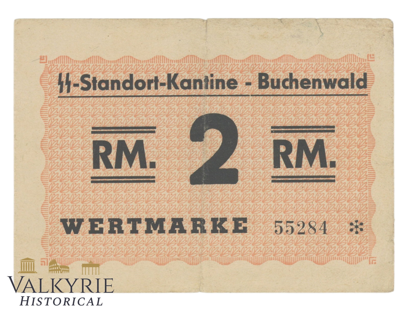 Buchenwald Concentration Camp SS Canteen Scrip – 2 RM (SS-Standort-Kantine Buchenwald Wertmarke): WWII German Buchenwald Concentration Camp SS Canteen Scrip – 2 RM (SS-Standort-Kantine Buchenwald Wertmarke)1. Item Overview & Specifications Up for auction is an authentic, original World War II
