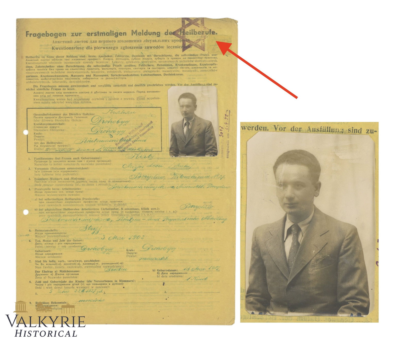 WWII German Occupation Document Jewish Medical Registration Questionnaire with Photo & Star of David (1 of 6)