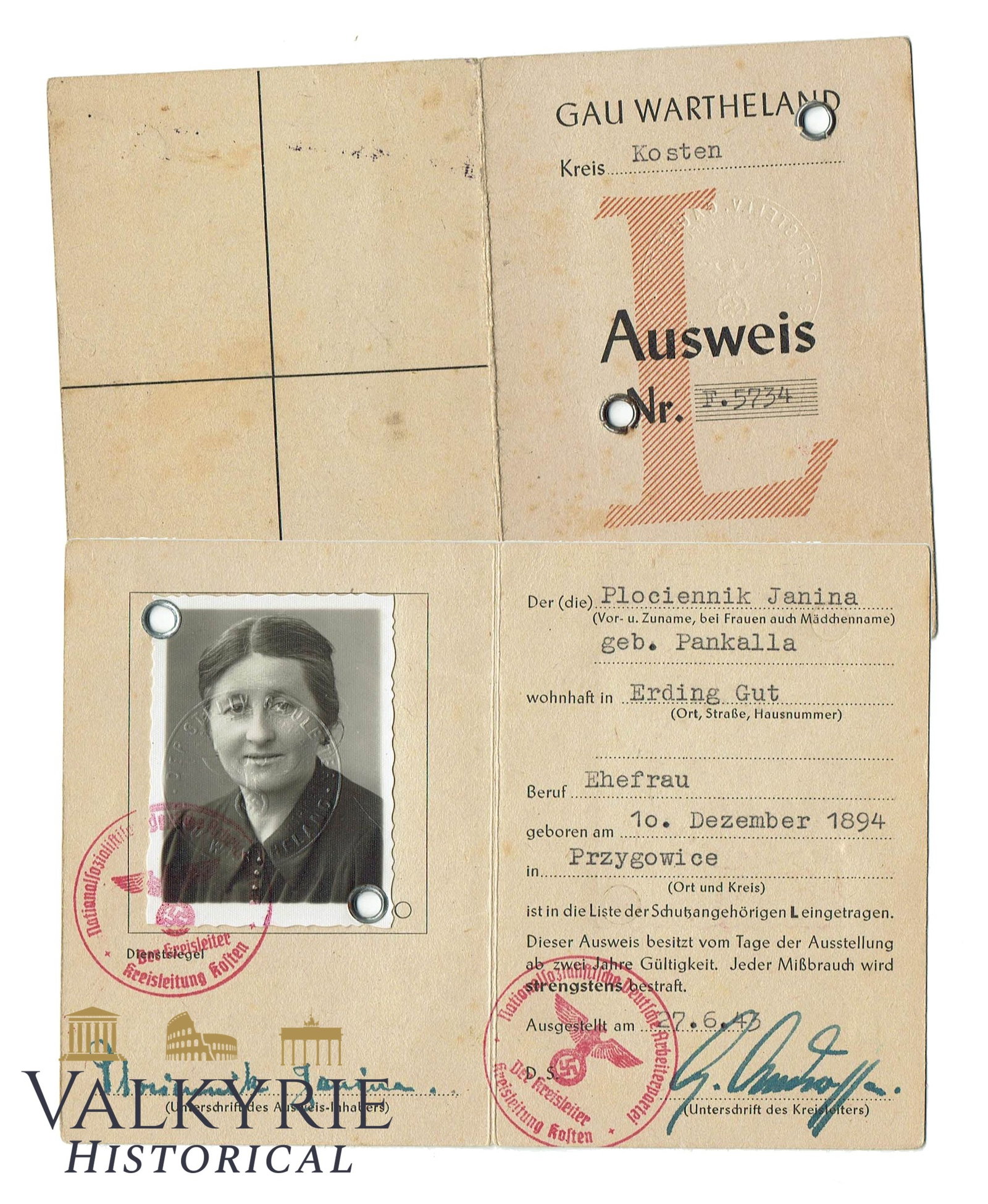 WWII German Gau Wartheland Polish Identity Pass (Schutzangehörigen-Ausweis "L") – Kreis Kosten: WWII German Gau Wartheland Polish Subject Identity Pass (Schutzangehörigen-Ausweis "L") – Kreis Kosten, 19431. Item Overview & Specifications Up for auction is an authentic, original WWII German oc