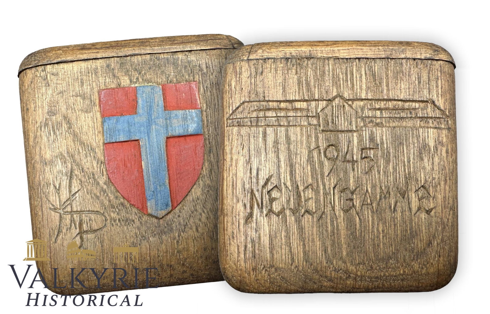 1945 Neuengamme Concentration Camp Hand-Carved Wooden Cigarette Case: WWII 1945 Neuengamme Concentration Camp Hand-Carved Wooden Cigarette Case (Prisoner Barrack Depiction)1. Item Overview & Specifications Up for auction is an original WWII 1945 hand-carved wooden cigar