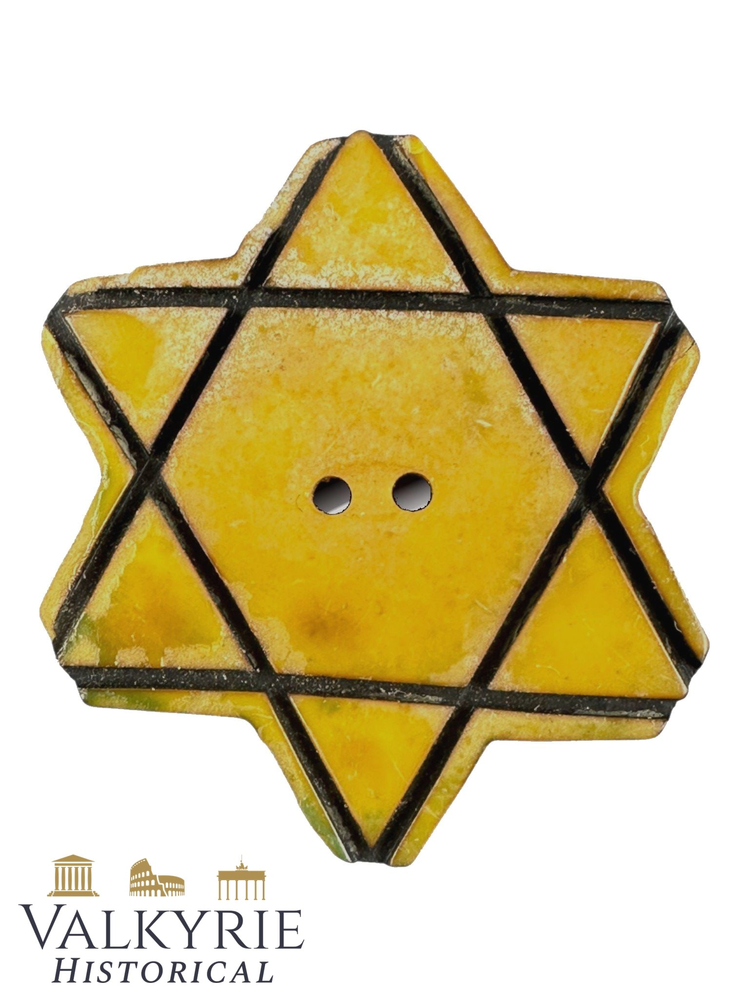 Star of David Button Badge Issued for Bulgarian Jews Holocaust: WWII Bulgarian Jewish Yellow Star of David Bakelite Button Badge (1942–1944)1. Object Description Item: Button-badge in the shape of the Star of David (so-called “yellow star” in button