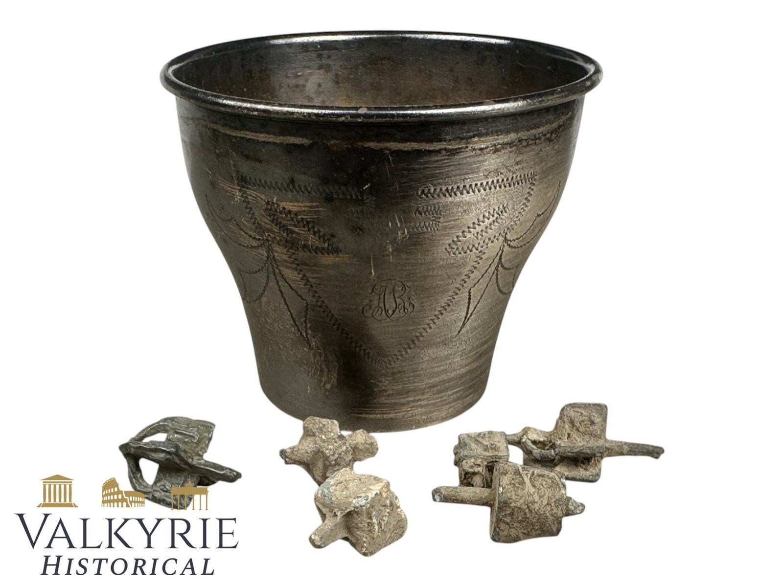 Rare Pre-WWII Judaica Discovery – Engraved Kiddush Cup & 6 Cast Lead Dreidels (1 of 14)