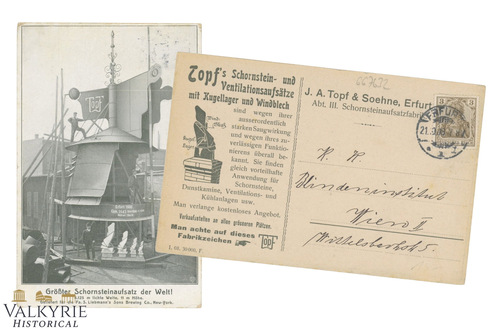 Early 1900s Topf & Söhne Advertising Postcard – "World's Largest Chimney Cowl" (1 of 3)
