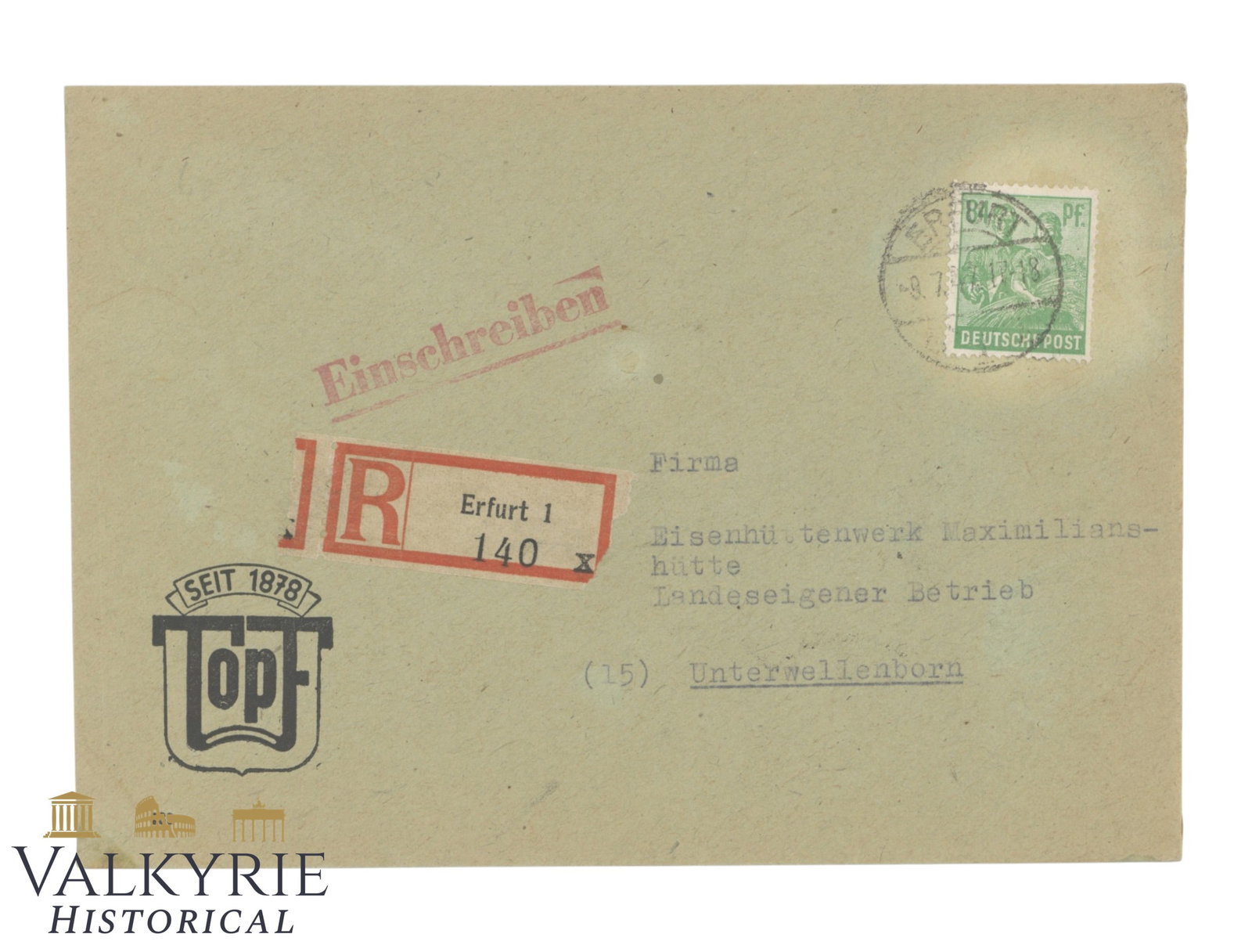 Post-WWII / Early East German Registered Envelope – J.A. Topf & Söhne (1 of 2)