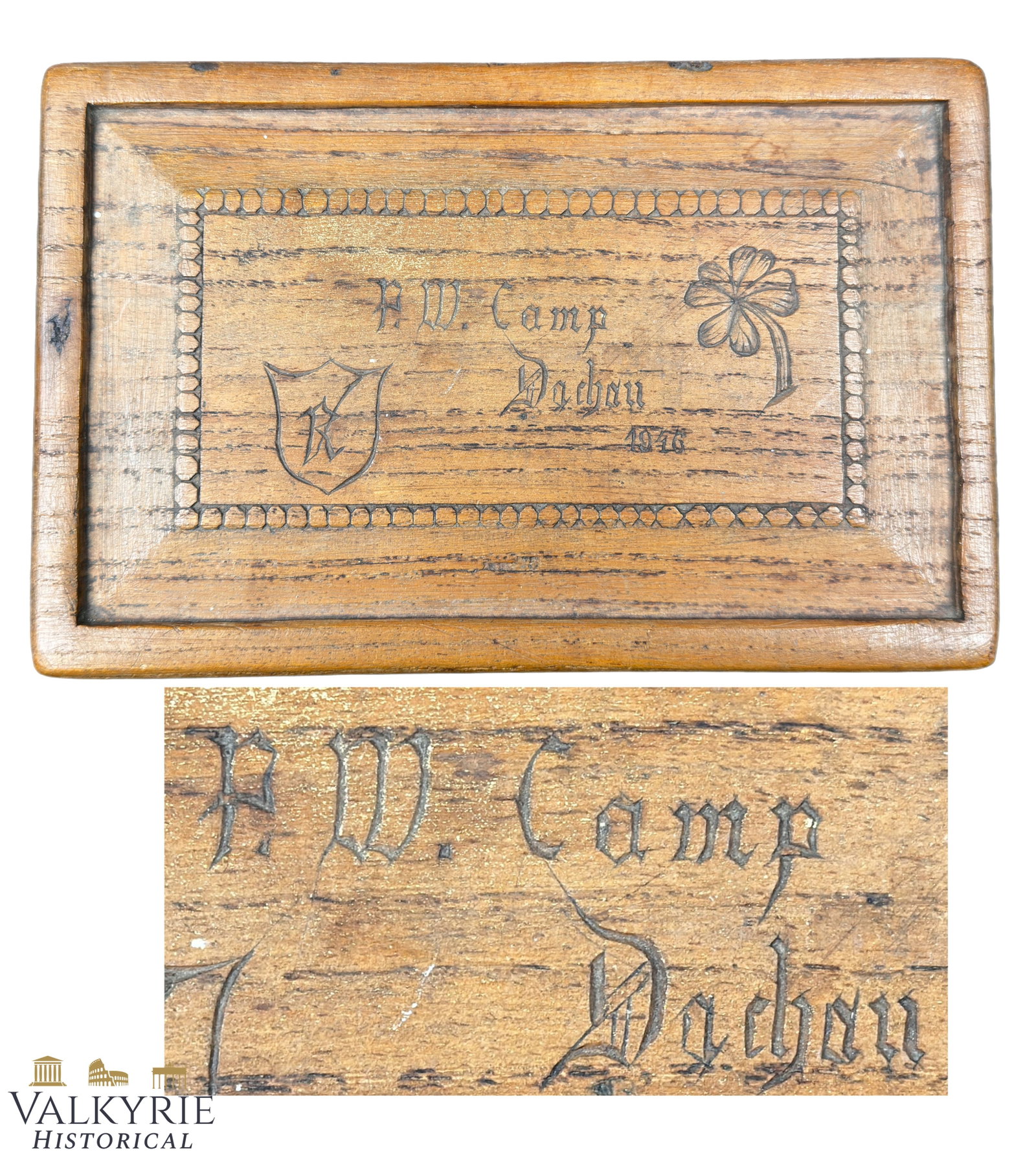 WWII Post-War Hand-Carved Wooden Box – P.W. Camp Dachau (1946: WWII Post-War Hand-Carved Wooden Box – P.W. Camp Dachau (1946)1. Item Overview & Specifications Up for auction is an authentic, original post-WWII hand-carved wooden souvenir/trinket box crafted at 