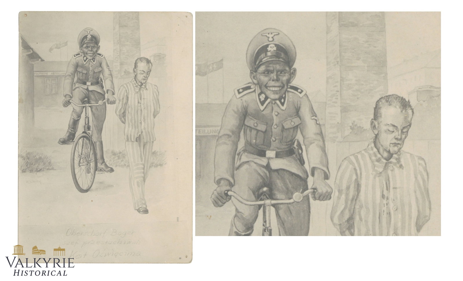 WWII Auschwitz Artwork Photograph – "Oberscharf. Boger" by W?adys?aw Siwek: WWII Auschwitz Artwork Photo – "Oberscharf. Boger" by Wladyslaw Siwek (13x9 cm)1. Item Overview & Specifications Up for auction is an authentic vintage photographic print depicting a satirical/docum
