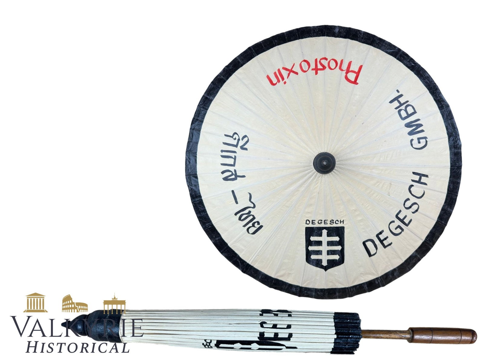 Rare Post-War Corporate/Advertising Parasol – DEGESCH Zyklom B: Rare Post-War Corporate/Advertising Parasol – DEGESCH / Phostoxin1. Item Overview & Specifications Artifact Type: Traditional-style sun/rain parasol with heavy promotional/corporate branding.