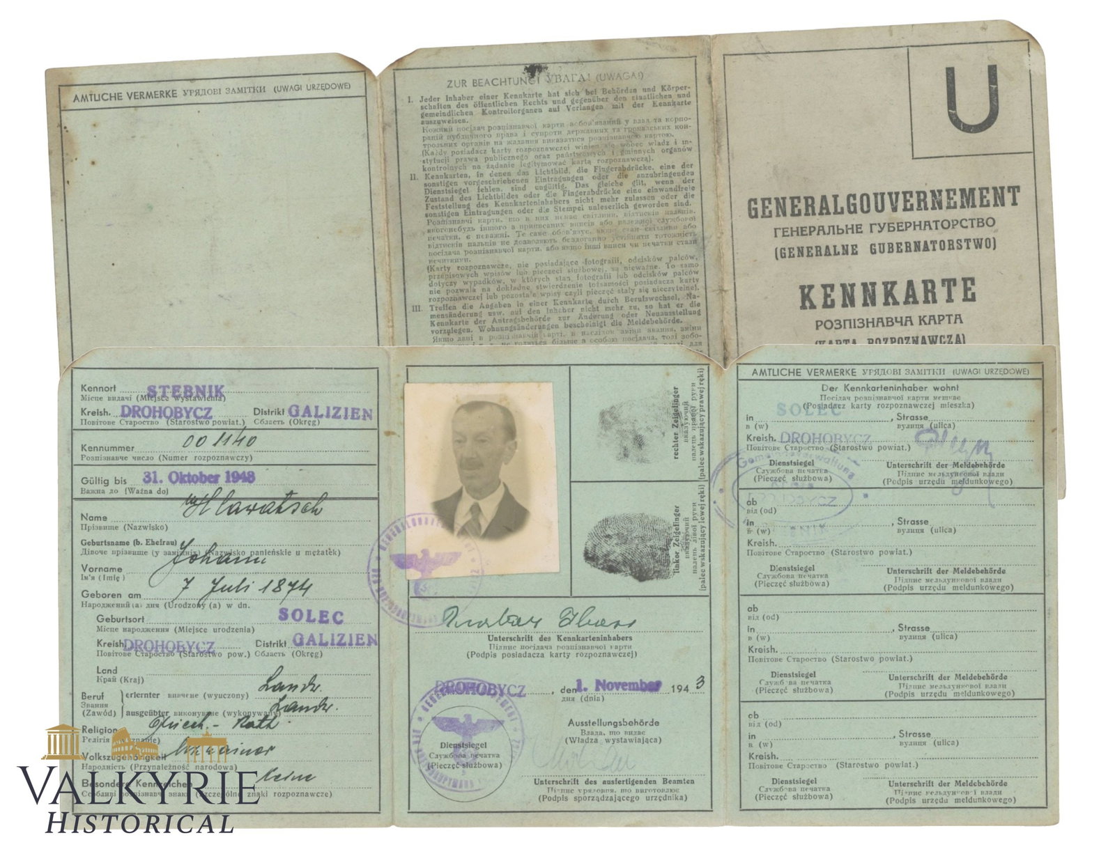 WWII German General Government Ukrainian Kennkarte – Distrikt Galizien (1 of 3)
