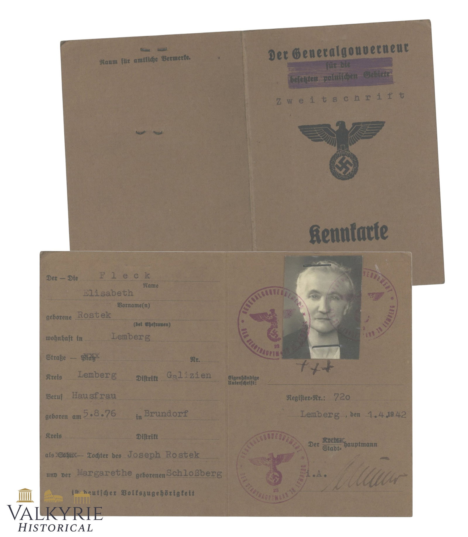 WWII German General Government Volksdeutsche Kennkarte – Lemberg: WWII German General Government Volksdeutsche Kennkarte – Lemberg (Lwów) 1942 – Elisabeth Fleck1. Document Overview & Holder Details Up for auction is an original World War II identification card 
