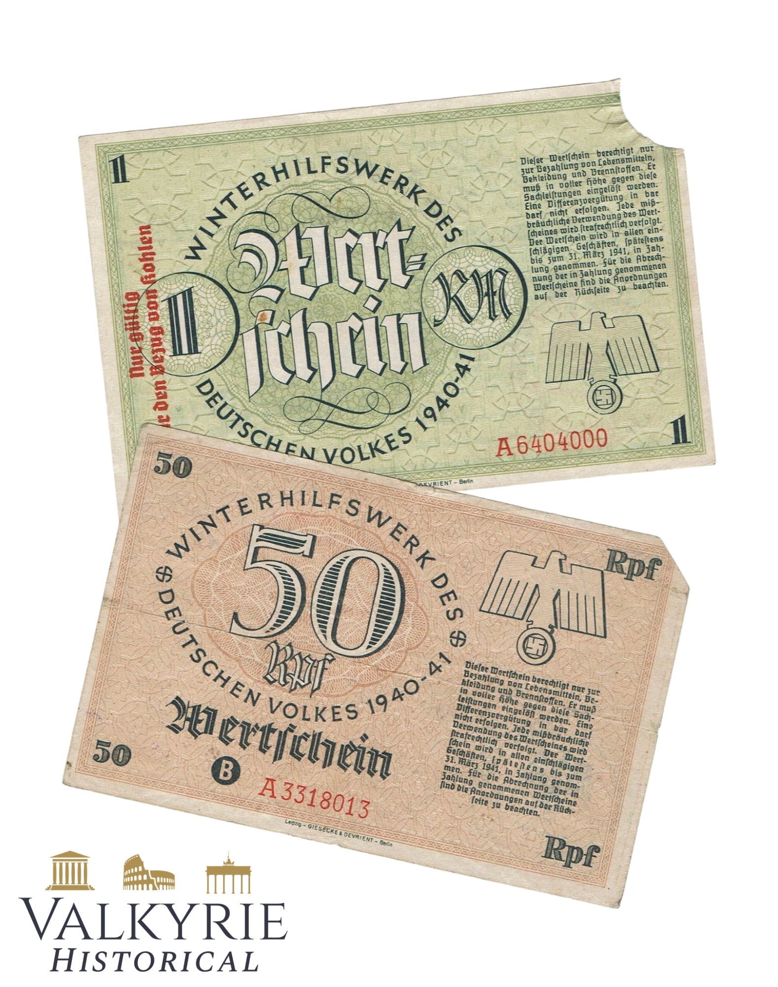 Two German value vouchers (Wertschein) issued by Winterhilfswerk des Deutschen Volkes from 1940/41: WWII German Winterhilfswerk (WHW) Wertschein Vouchers 1940/41 – 1 Mark & 50 Rpf Set1. Item Description and Contents Up for auction is a set of two original WWII German value vouchers (Wertschein) is