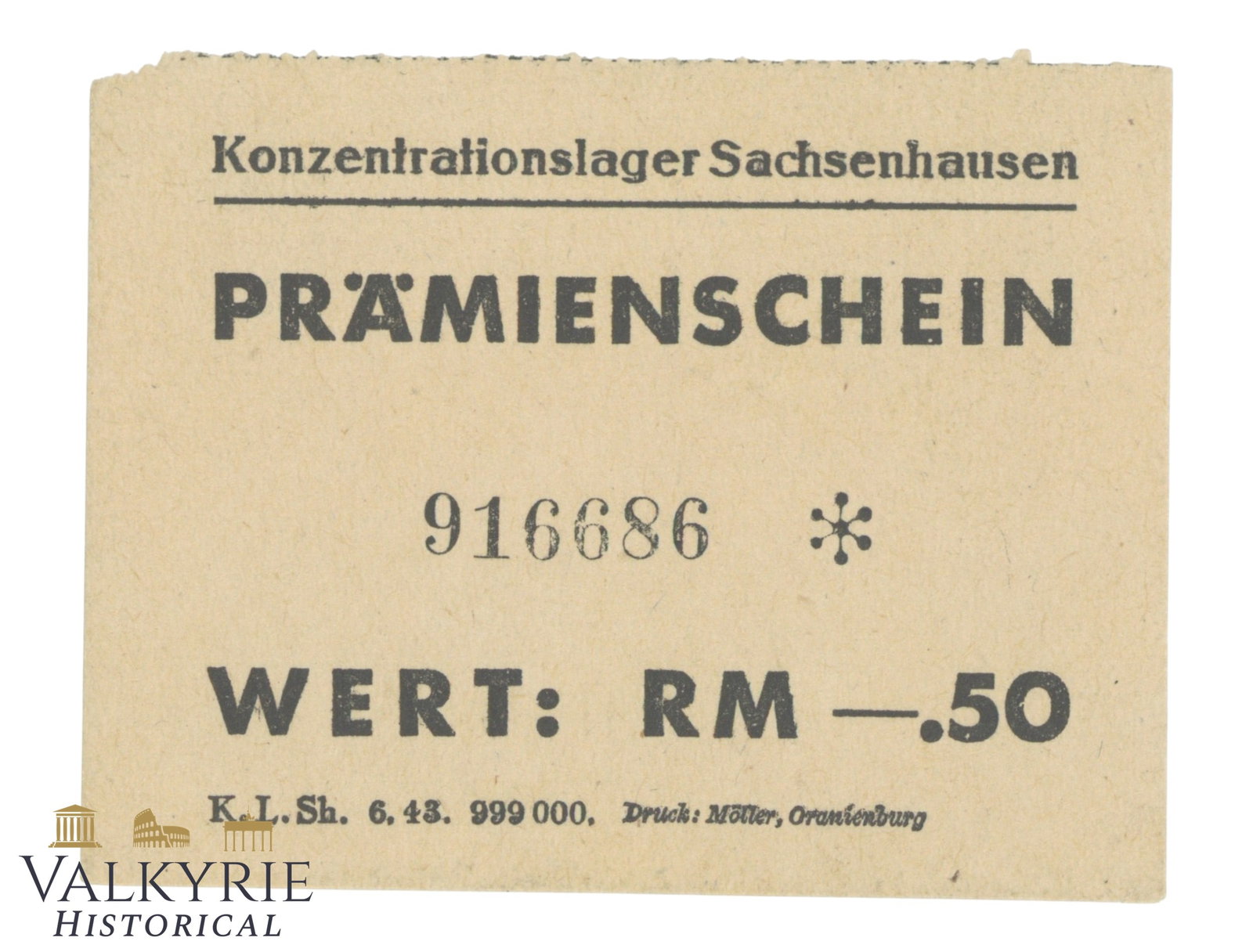 WWII Concentration Camp Sachsenhausen Scrip – 0.50 RM Prämienschein (June 1943): WWII Concentration Camp Sachsenhausen Scrip – 0.50 RM Prämienschein (June 1943)1. Item Overview & Specifications Up for auction is an authentic World War II concentration camp bonus voucher (Prämi