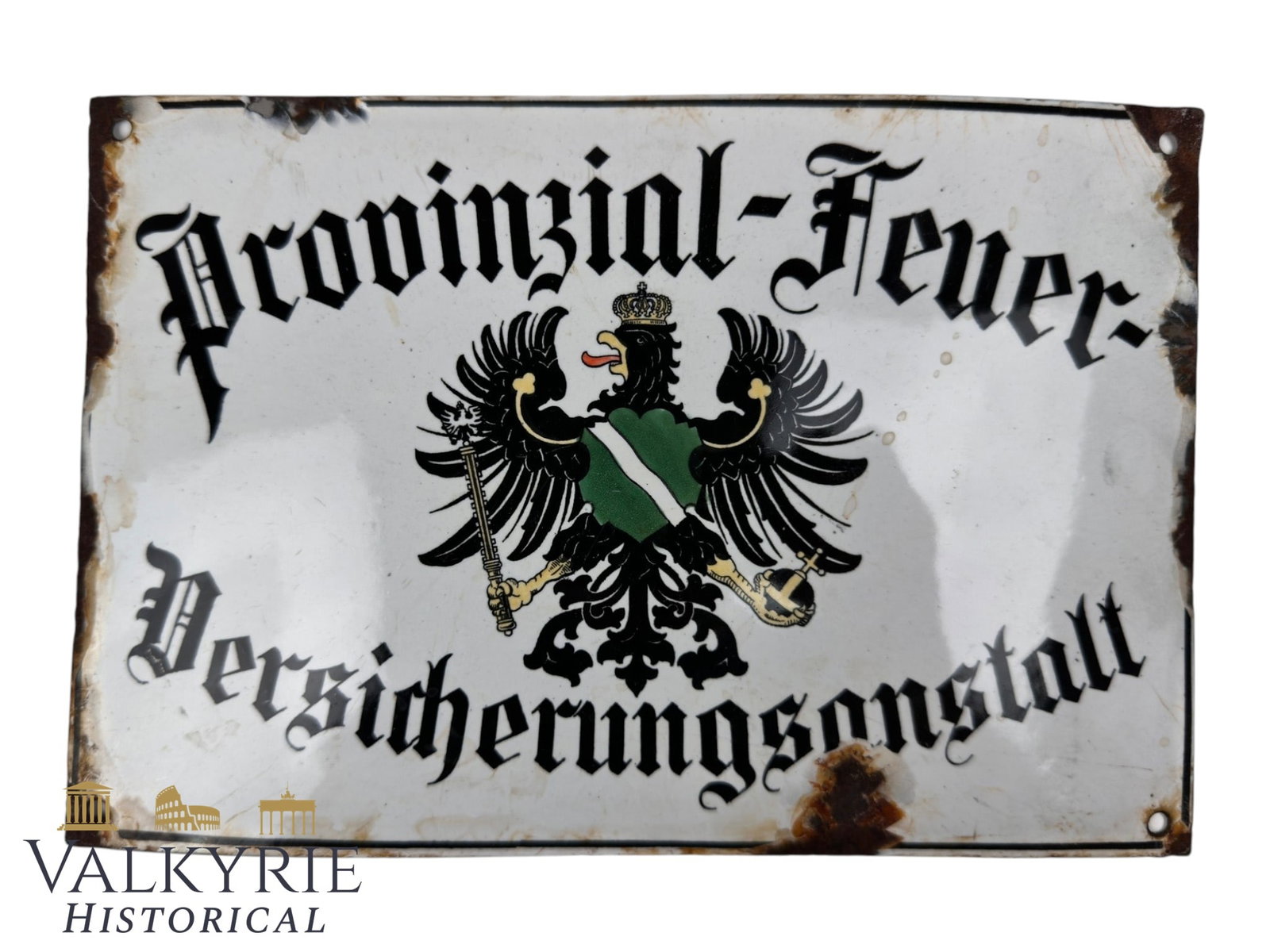 Antique German Enamel Fire Insurance Sign – Provinzial-Feuer-Versicherungsanstalt: Antique German Enamel Fire Insurance Sign – Provinzial-Feuer-Versicherungsanstalt (Rhineland, 24x16 cm)1. Item Overview & Specifications Up for auction is an authentic antique German porcelain