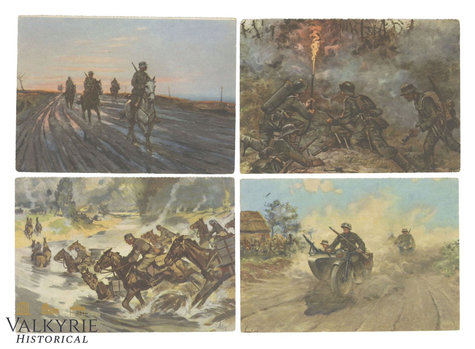 Set of 4 Postcards Printed by German Social Welfare Organization NSKOV With Nice Wehrmacht Artworks: Set of 4 Postcards Printed by German Social Welfare Organization NSKOV With Nice Wehrmacht Artworks. Cavalry, flamethrowers, motorcycles, etc. Non-circulated. Shipping flat cost $25 it doesn't matter
