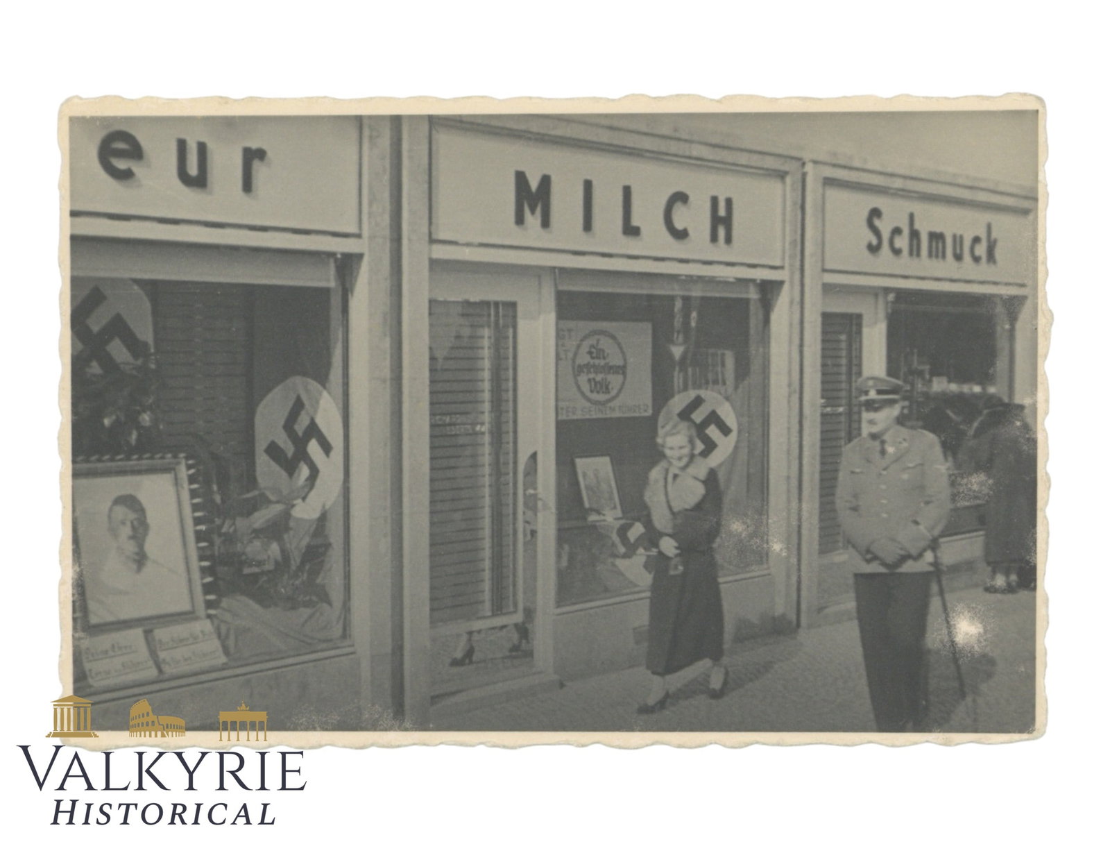 German Photo of a Jewellery in Germany Decorated With Nazi Flags and Hitler Portrait: German Photo of a Jewellery in Germany Decorated With Nazi Flags and Hitler Portrait. Size: 9x6cm Shipping flat cost $25 it doesn't matter how many items you win. you pay just $25 for shipping.