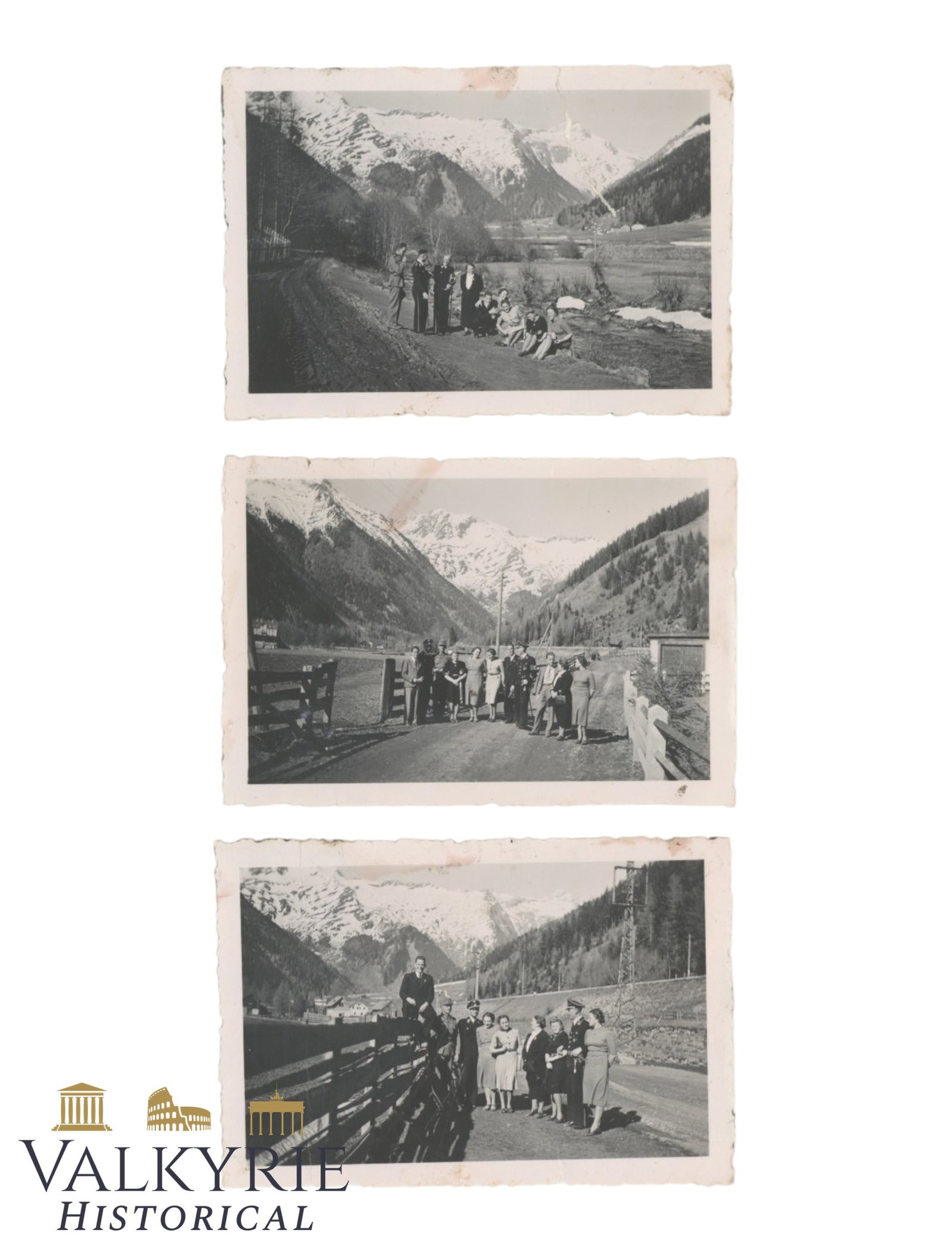 3 Private Taken Photos of 2 Men in SS Uniforms Posing With Friends or Relatives in a Rural Area: 3 Private Taken Photos of 2 Men in SS Uniforms Posing With Friends or Relatives in a Rural Area. We can see very beautiful landscapes with snowed mountains on the background. Removed from photo album.