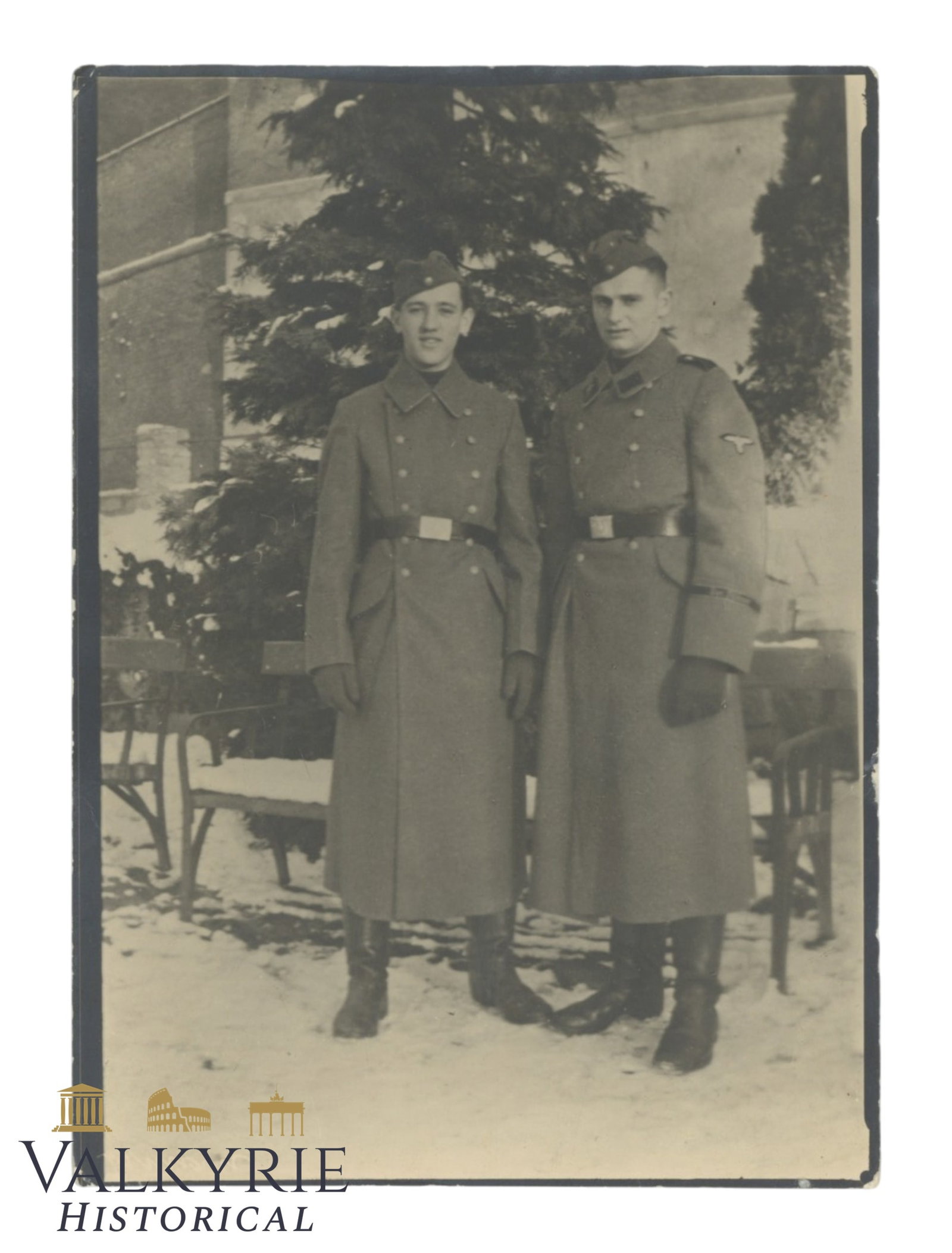 Private Taken Photo of 2 Waffen SS Soldiers Wearing Long Coats of the SS - One With Cufftitle (1 of 2)