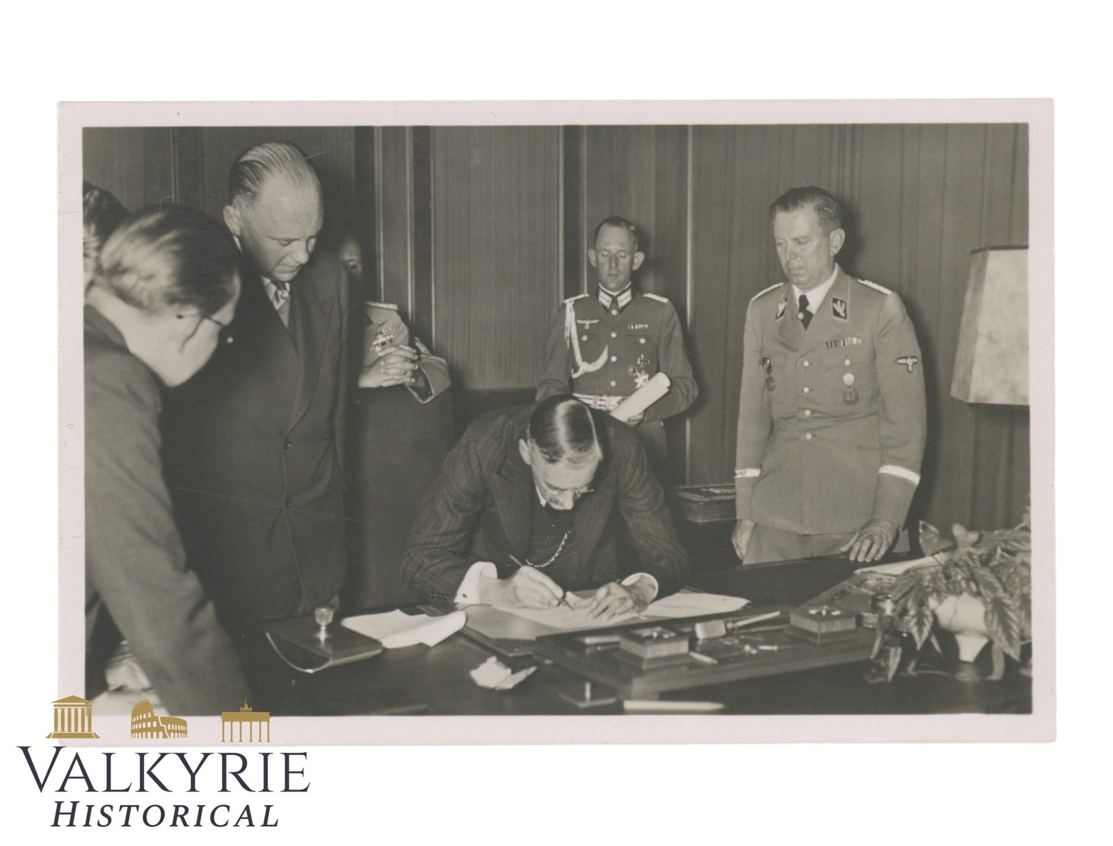 German Postcard Depicting The Moment of British Minister Chamberlain Signing in Munich Conference (1 of 2)