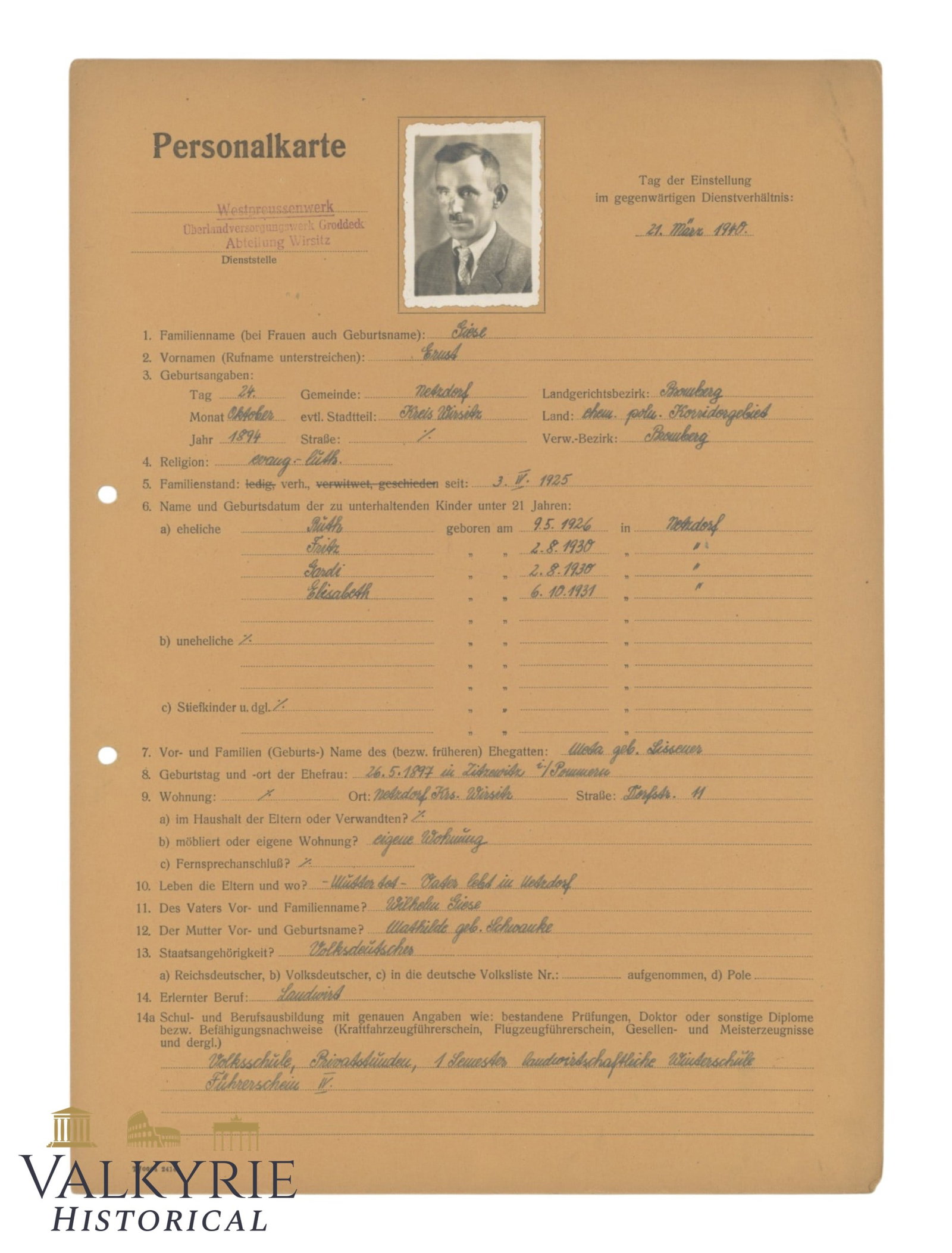 German Form For Application For Identification Card For a Man - Year 1941. - 2