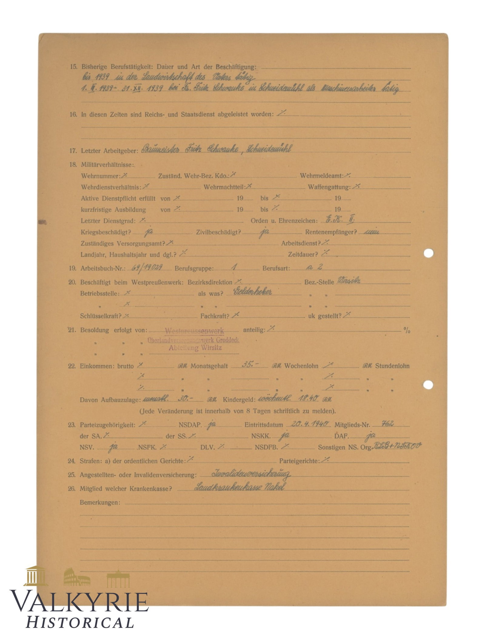German Form For Application For Identification Card For a Man - Year 1941. - 5