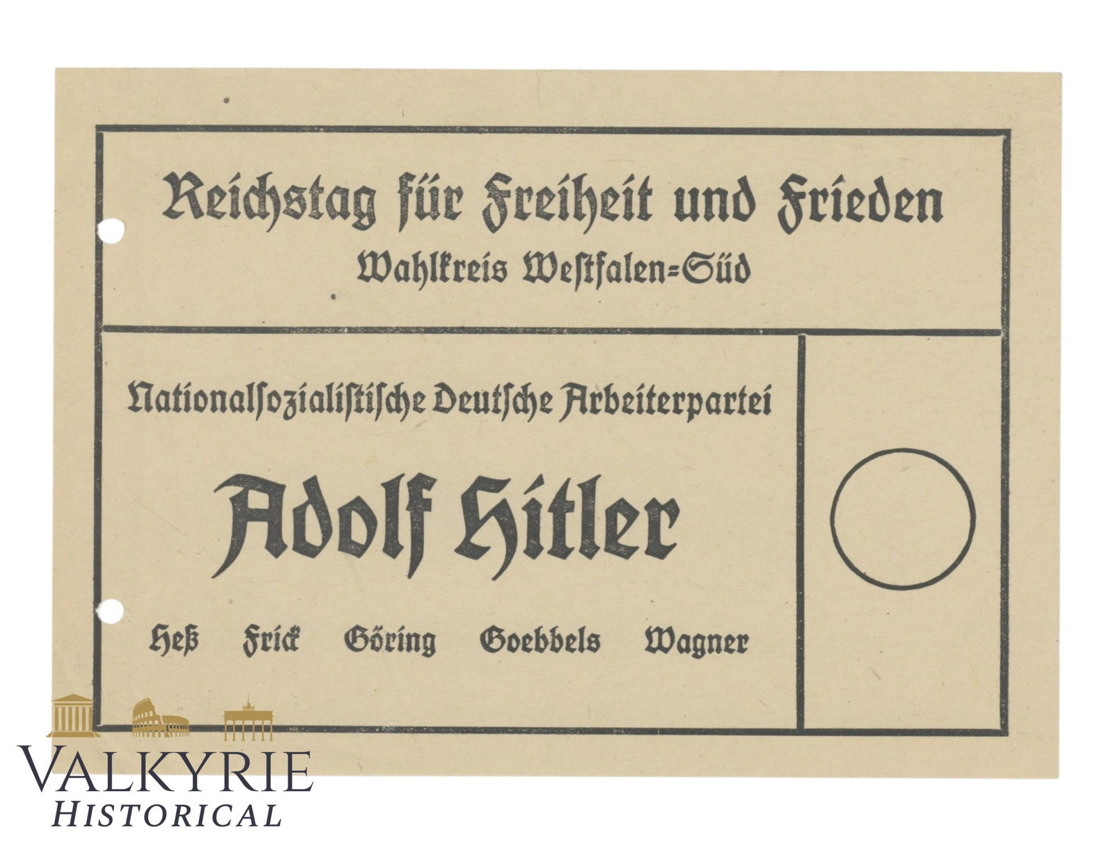 NSDAP Party Ballot To Vote For Adolf Hitler During German Elections to the Reichstag - Non-used (1 of 2)