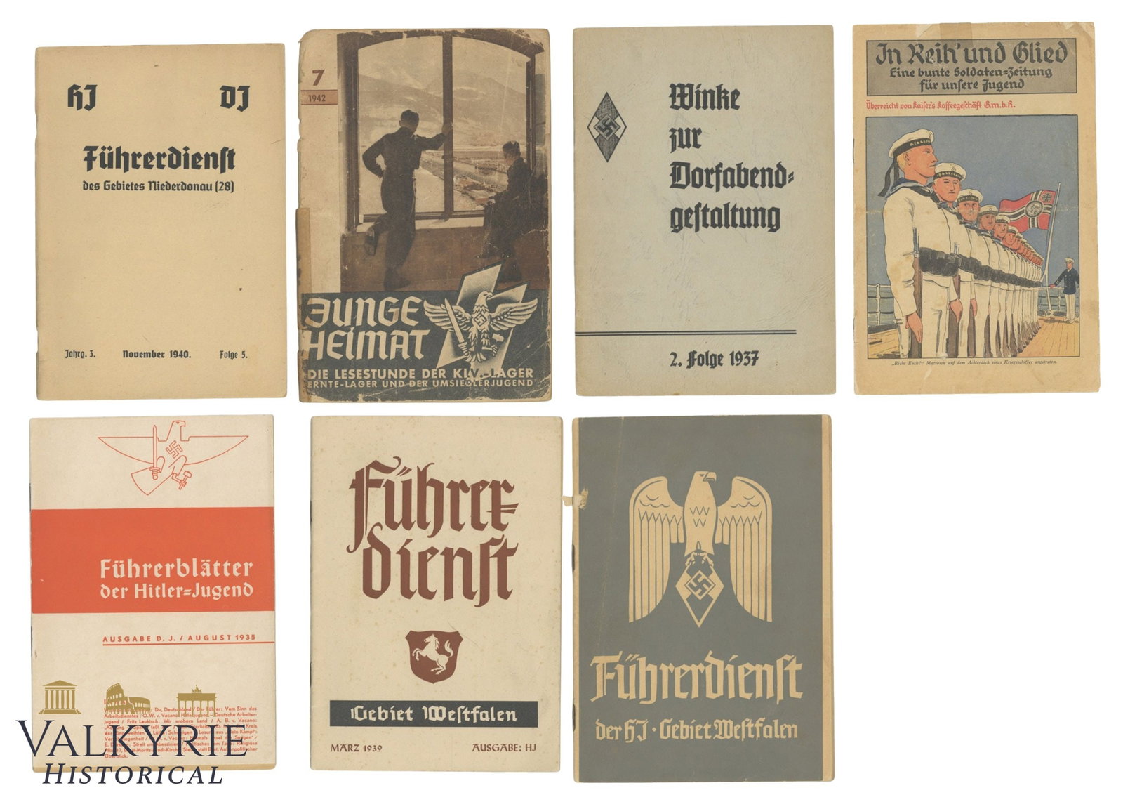 7 Different German Booklets of the III Reich Period Related to Hitlerjugend and Deutsche Jugend: 7 Different German Booklets of the III Reich Period Related to Hitlerjugend and Deutsche Jugend. One is about Kriegsmarine, "Leadership Service in HJ and DJ", "Young Nation", "Fuhrer Sheet of the