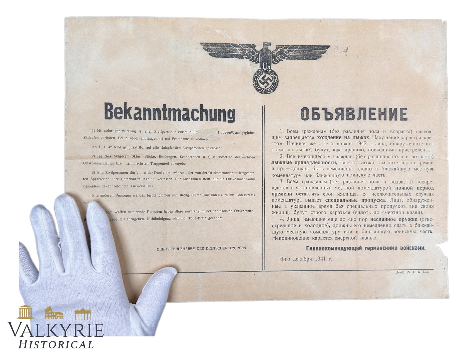 German Notice Poster For Russian Population Banning Skiing And Possession of Skiing Items - 1941: German Notice Poster For Russian Population Banning Skiing And Possession of Skiing Items - Announcement printed by German occupation forces in 1941 in both German and Russian languages.Size: 41 cm x 