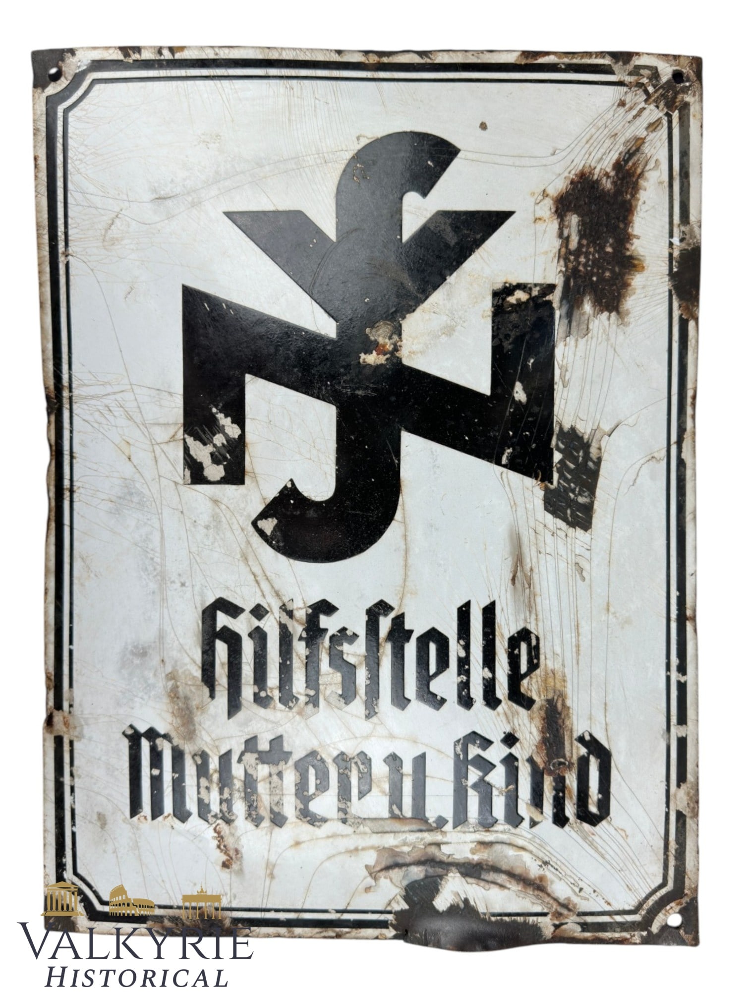 German III Reich Period Enamelled Plaque of Help Point Mother & Child NS People's Welfare NSV: German III Reich Period Enamelled Metal Plaque Indicating a Help Point for Mother & Child of the NS People's Welfare - NSV. Damage to the enamel in some parts of the plaque but all the text is visible