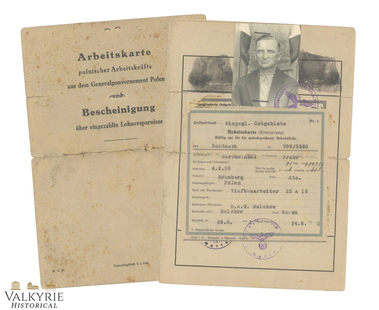 Rare Work Card Issued in 1942 by German Authorities in Generalgouvernement to a Polish Slave Laborer: Rare Work Card Issued in 1942 by German Authorities in Generalgouvernement to a Polish Slave Laborer. With photo of the owner attached. Shipping flat cost $25 it doesn't matter how many items you win.