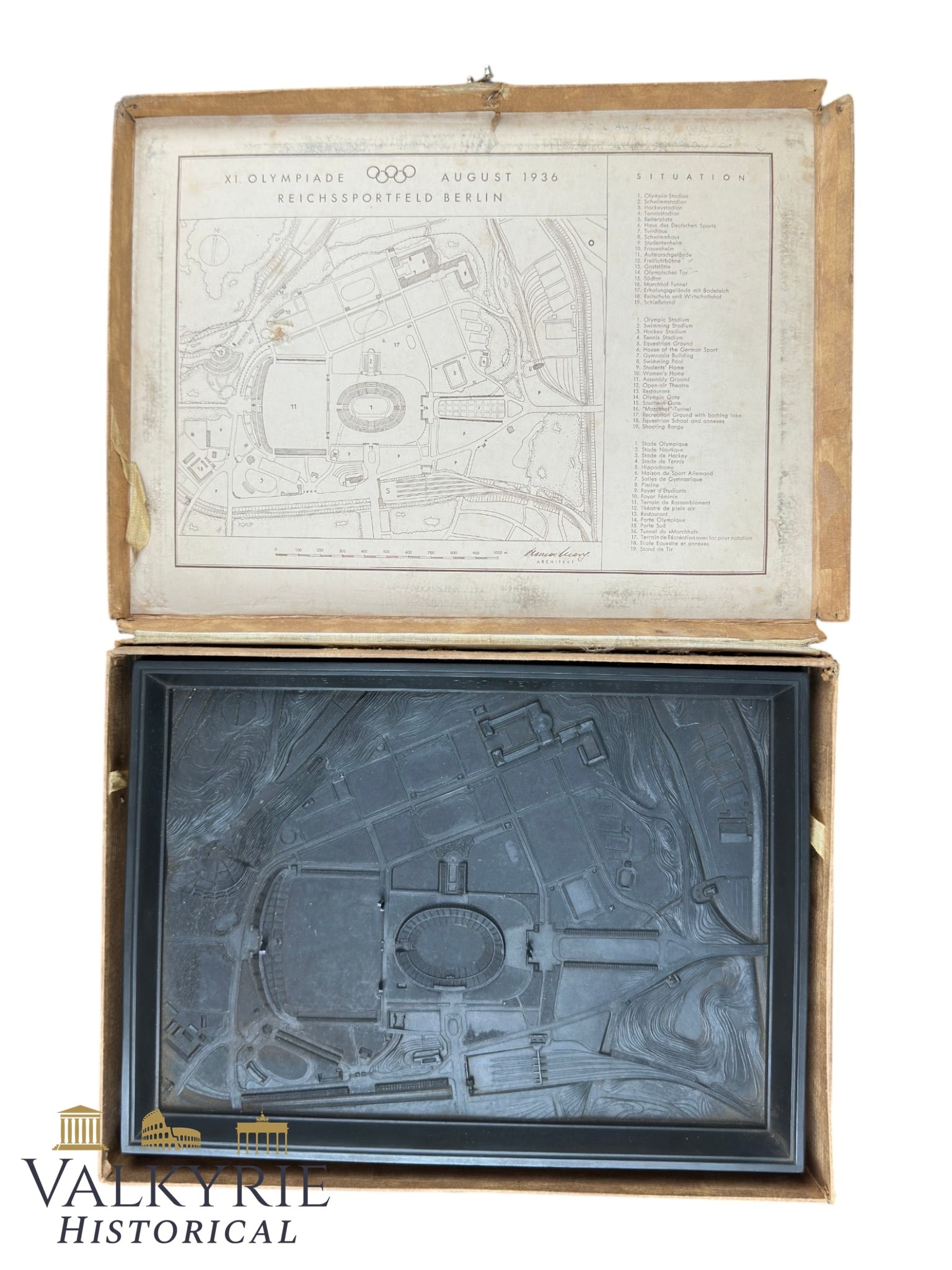 Excellent German Model of the Reichssportfeld of Berlin 1936 Olympics in Box of Presentation: Excellent German Model of the Reichssportfeld of Berlin 1936 Olympics in Box of Presentation. Black bakelite relief model of the Olympic sports field, Berlin Olympics 1936, in cardboard box (3.5cm x 3