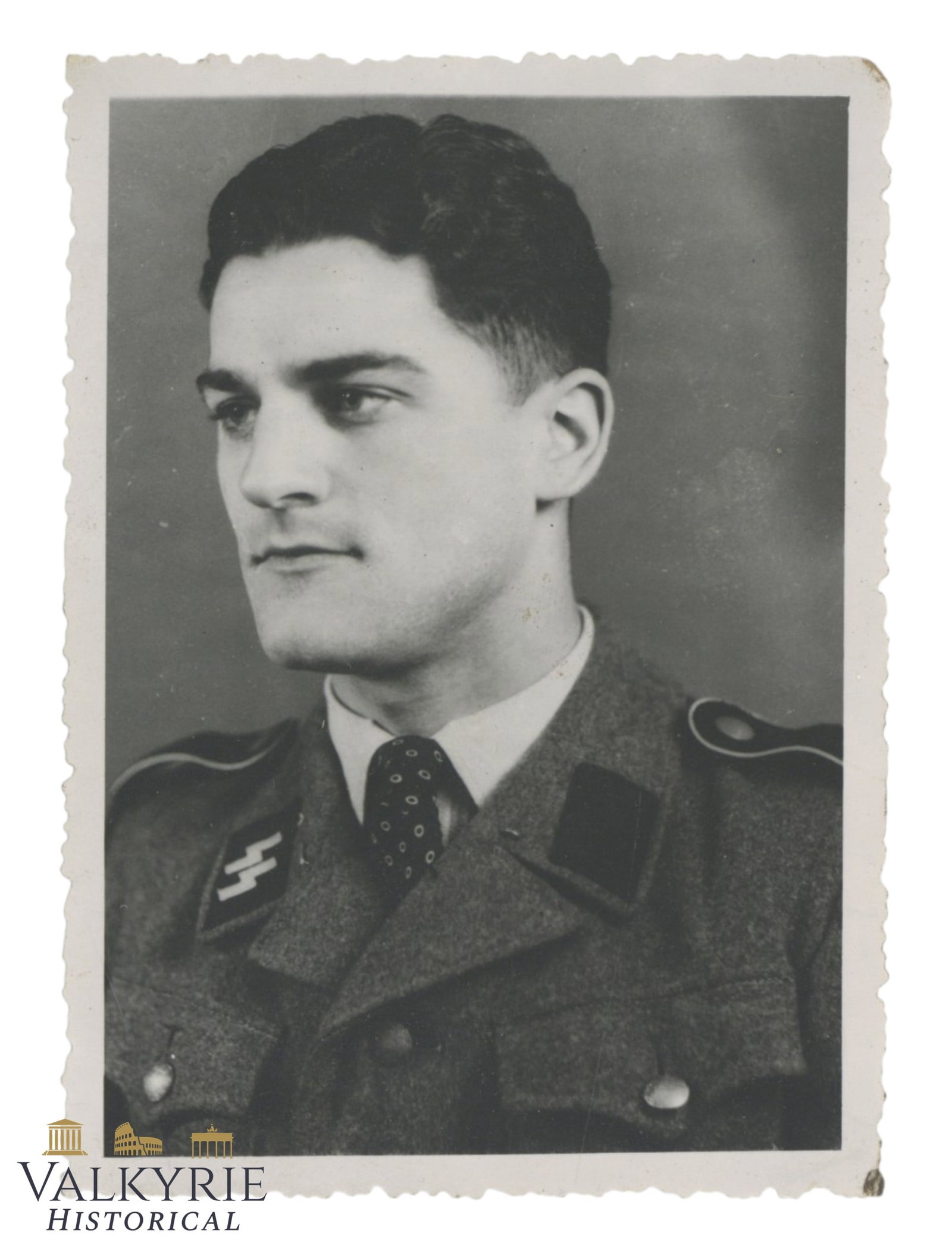 Studio Portrait of a German Waffen SS Mann in Uniform: Studio Portrait of a German Waffen SS Mann in Uniform. Size: 12x8,5cm Shipping flat cost $25 it doesn't matter how many items you win. you pay just $25 for shipping.