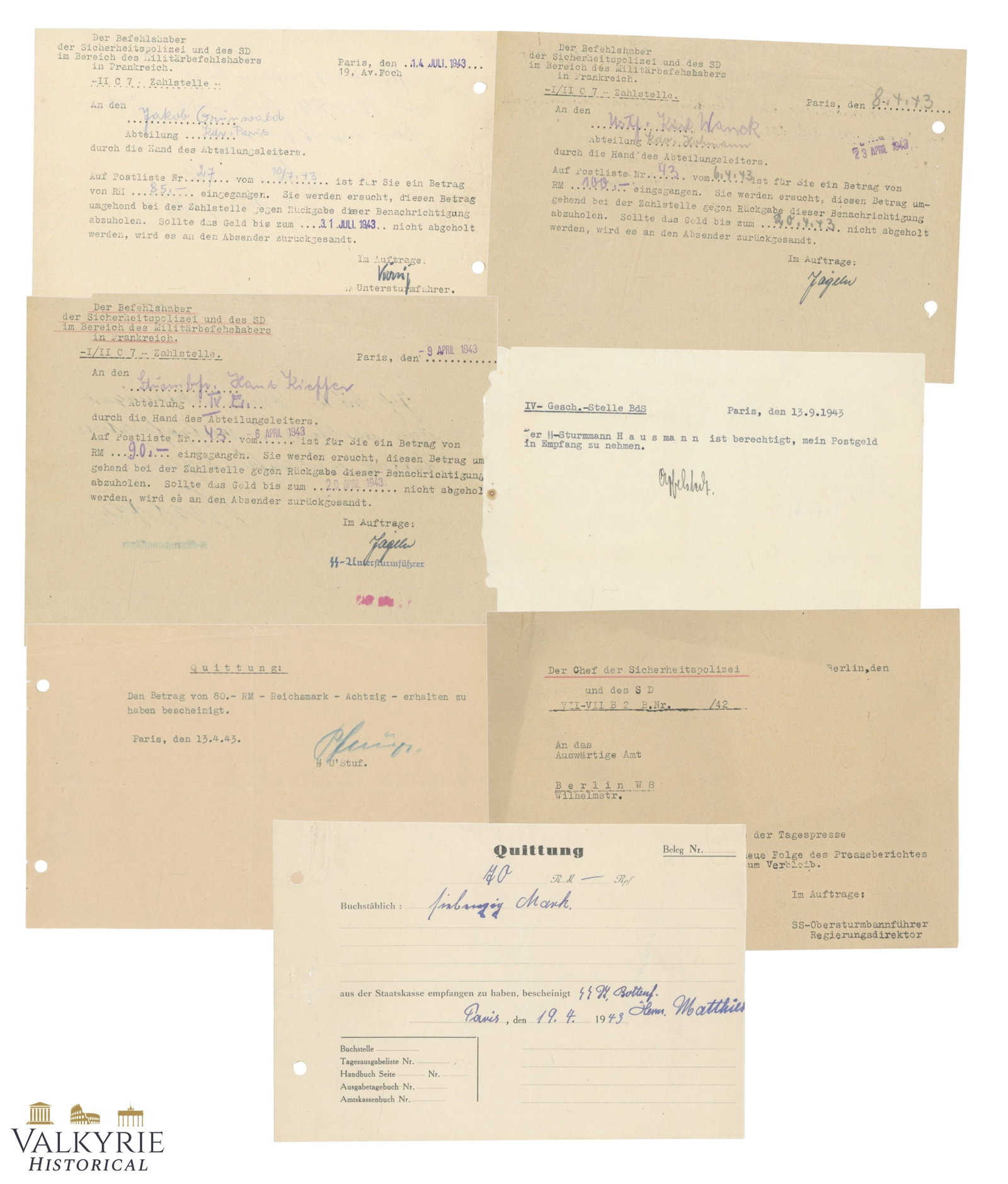 Different War Period Receipts of Money Orders Sent to Occupied Paris to Waffen SS Soldiers (1 of 12)