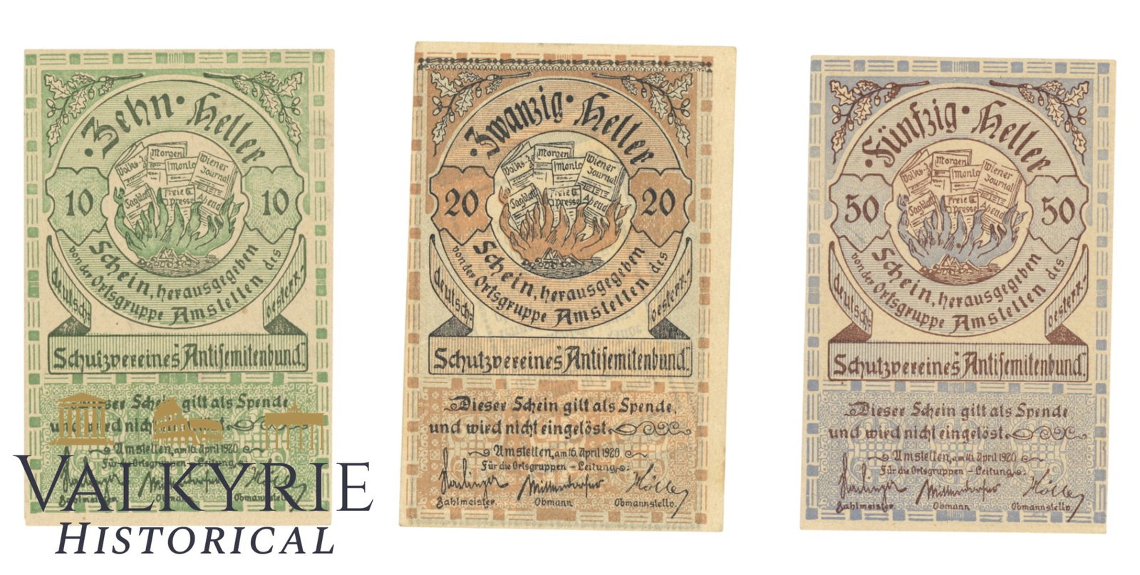 3 German Nazi Donation Notes of the Anti-Semitic Association in Amstetten of 10, 20 and 50 (1 of 2)