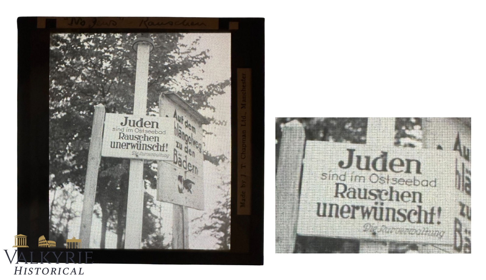 German III Reich Period Slide of Sign "Jews Are Unwelcome in the Baltic Sea Resort of Rauschen!": Slide With Photo of a Panel in Rauschen - Germany With Anti-Jewish Message. Panel says "Jews are not welcome in the Baltic Sea Resort of Rauschen". Photo was taken by English photographer during a vis