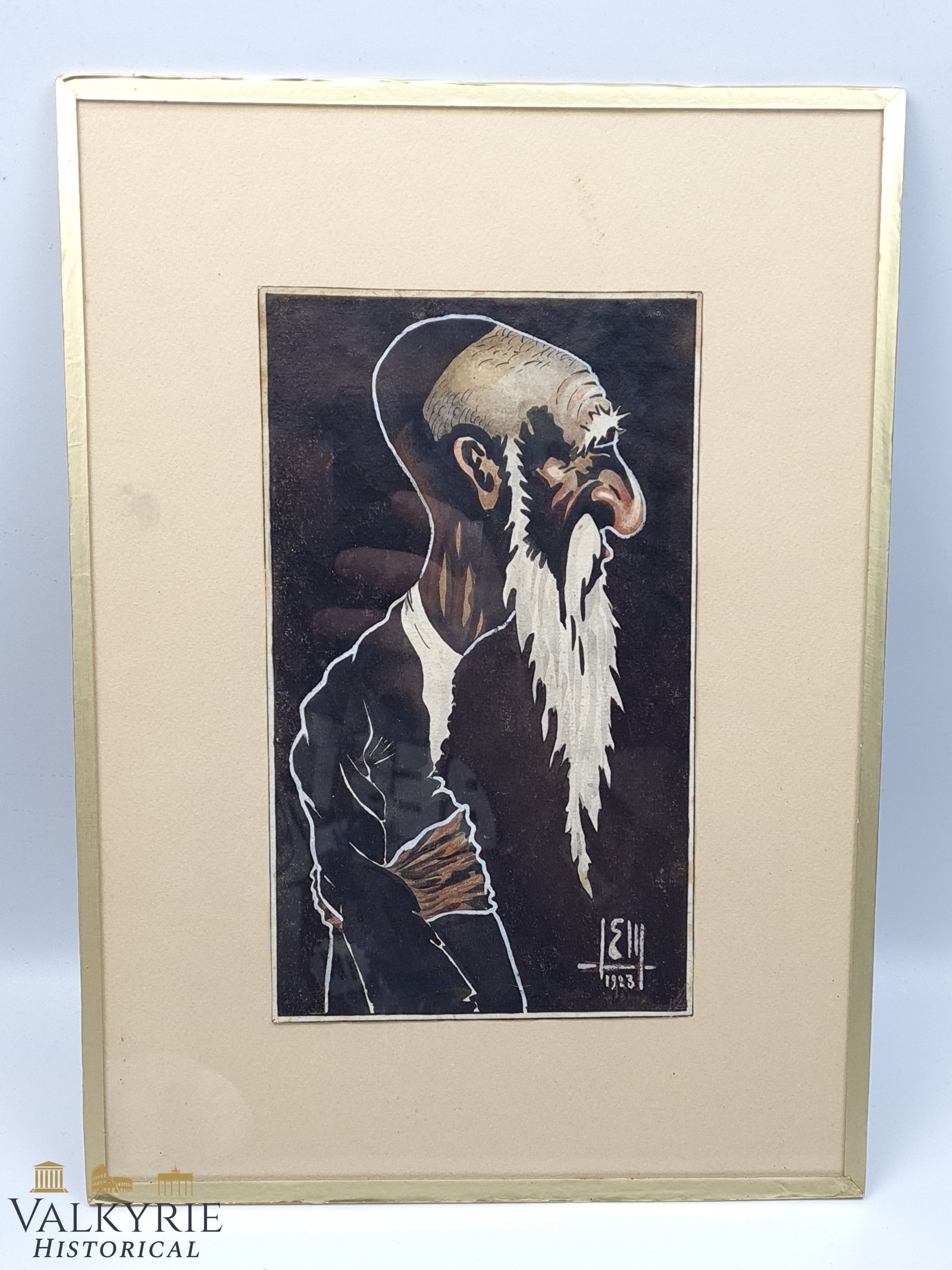 Framed Artwork Dated in 1923 Representing an Elderly Jew From Europe: Very old hand made painting that represents an elderly Jewish man from Europe. The painting is signed by the author and dated in 1923. It is framed with modern frame and protected with a crystal.Size 