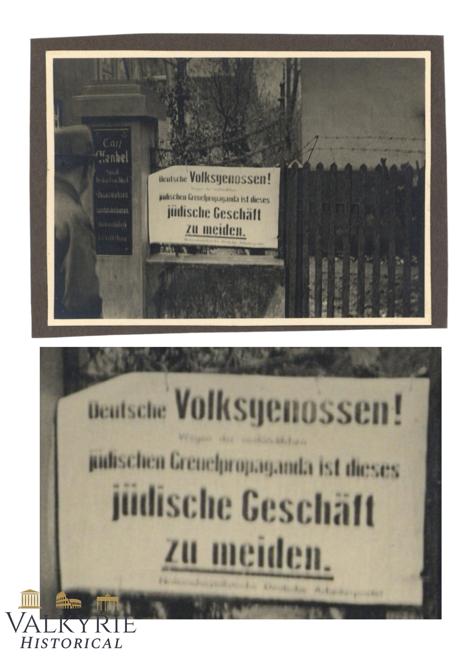 German Photo Showing a Jewish Property With Nazi Anti-Semitic Sign to Boycott the Business: German Photo Showing a Jewish Property With Nazi Anti-Semitic Sign to Boycott the Business. It reads "German Comrades! Jewish Atrocity Propaganda, This Jewish Business to be Avoided".Size: 8x6cm Shipp