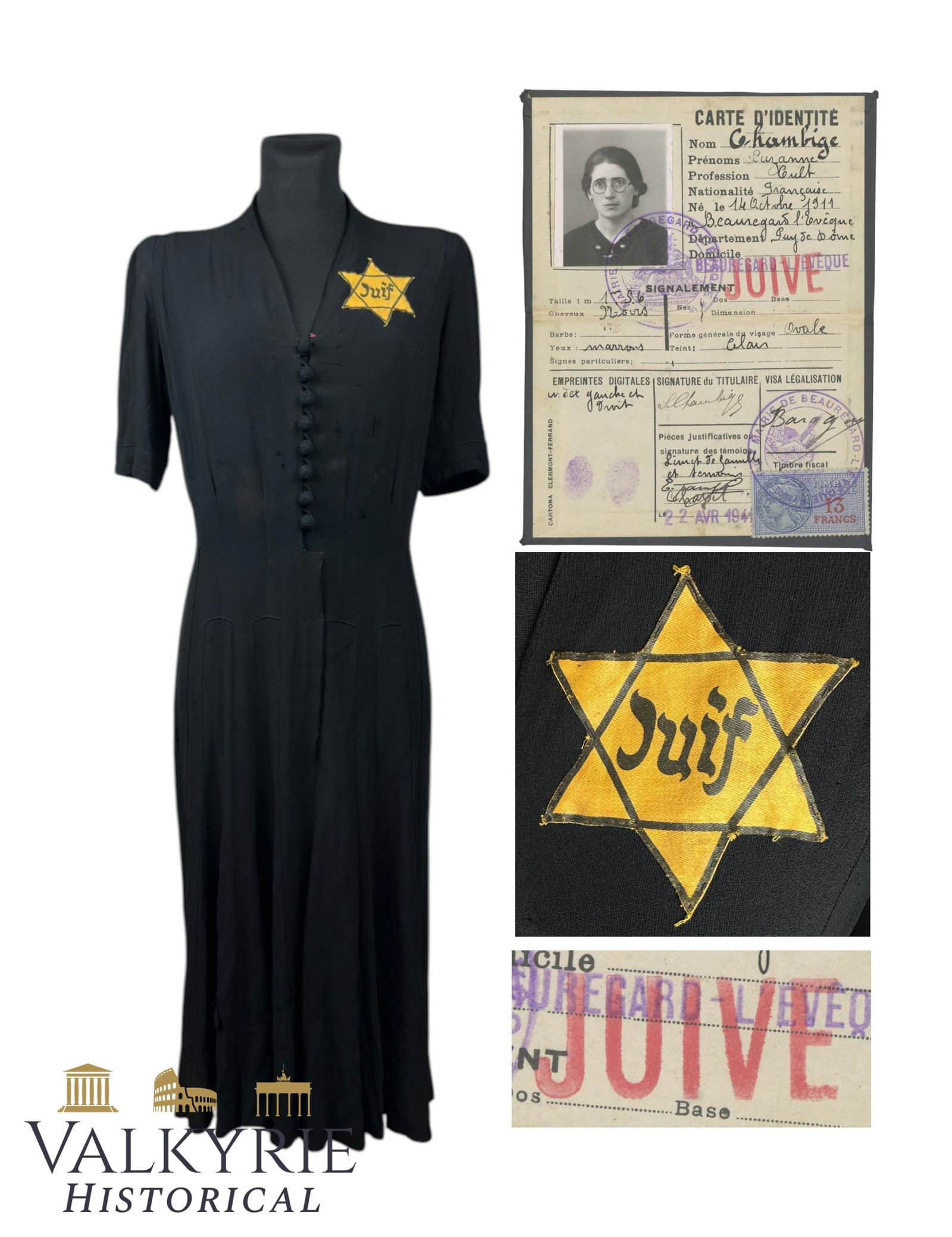 Ultra Rare Dress With French "JUIF" Star of David of a French Jewish Woman And His Identity Card: Ultra Rare Dress With French "JUIF" Star of David of a French Jewish Woman And His Identity Card. Like a time capsule, this dress have been preserved by the relatives of this woman for decades in perf