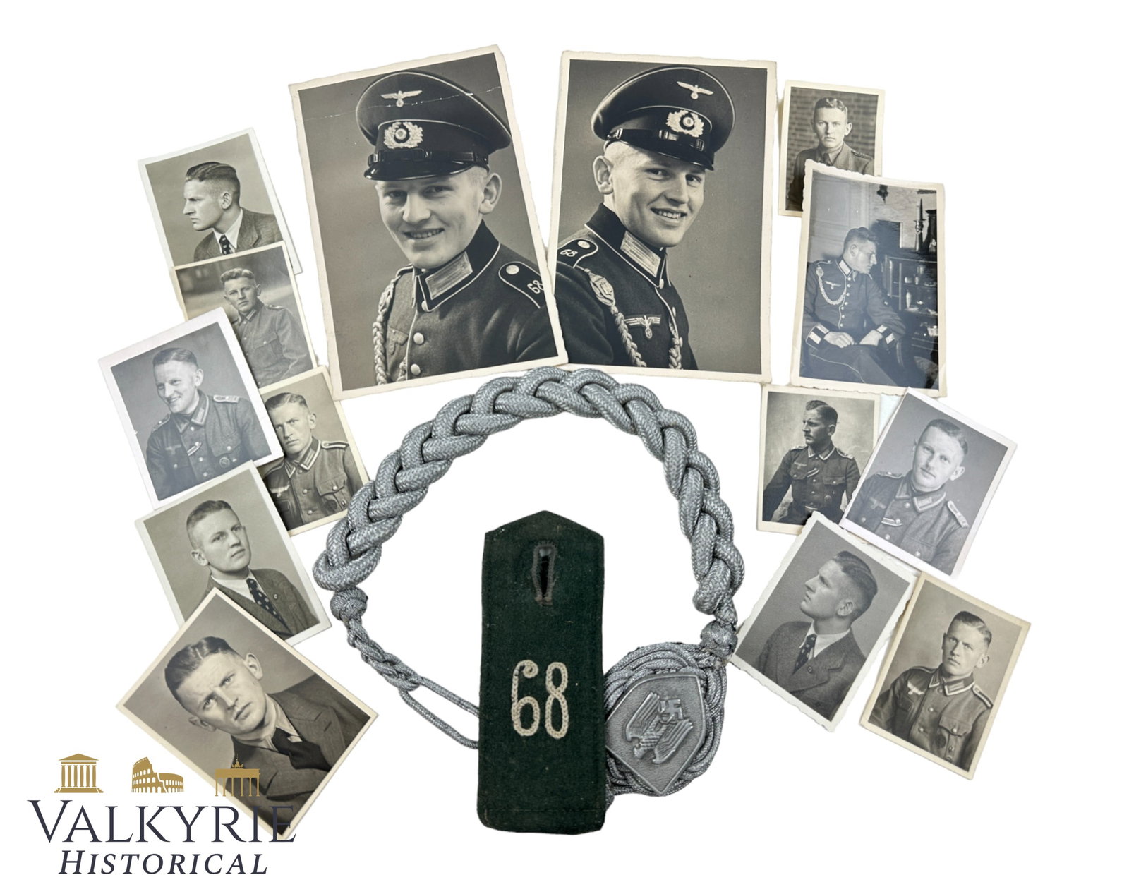 Set of Photos, Shoulder Strap and Shooting Lanyard Decoration of a Wehrmacht Soldier: Set of Photos, Shoulder Strap and Shooting Lanyard Decoration of a Wehrmacht Soldier. Strap and lanyard are exactly the ones that the soldier is wearing in the photos. Set of photos are studio portrai