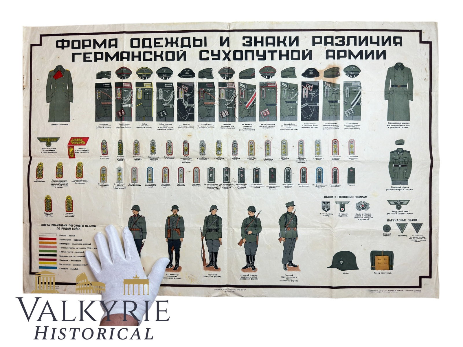 Big Informative Poster by Germans for the Occupied Russia "Uniform and Insignia of the German Land A: Informative Poster by Germans for the Occupied Russia "Uniform and Insignia of the German Land Army". Written in Russian. With all the ranks and uniforms of the Heer. Foldable poster.Size: 88x58cm . S